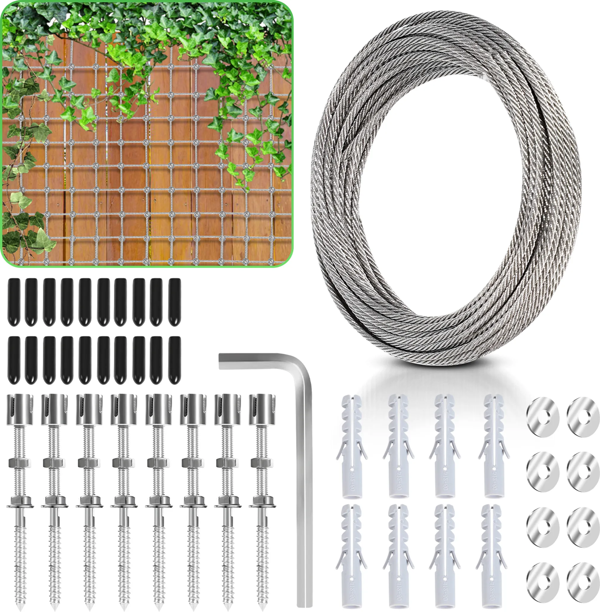 DIYLAND 3mm Drahtseil Set 20m PVC-ummantelt – Inkl. Spannschlösser, Klemmen & Haken, Für Rankhilfe, Wäscheleine, Sonnensegel & Zaun