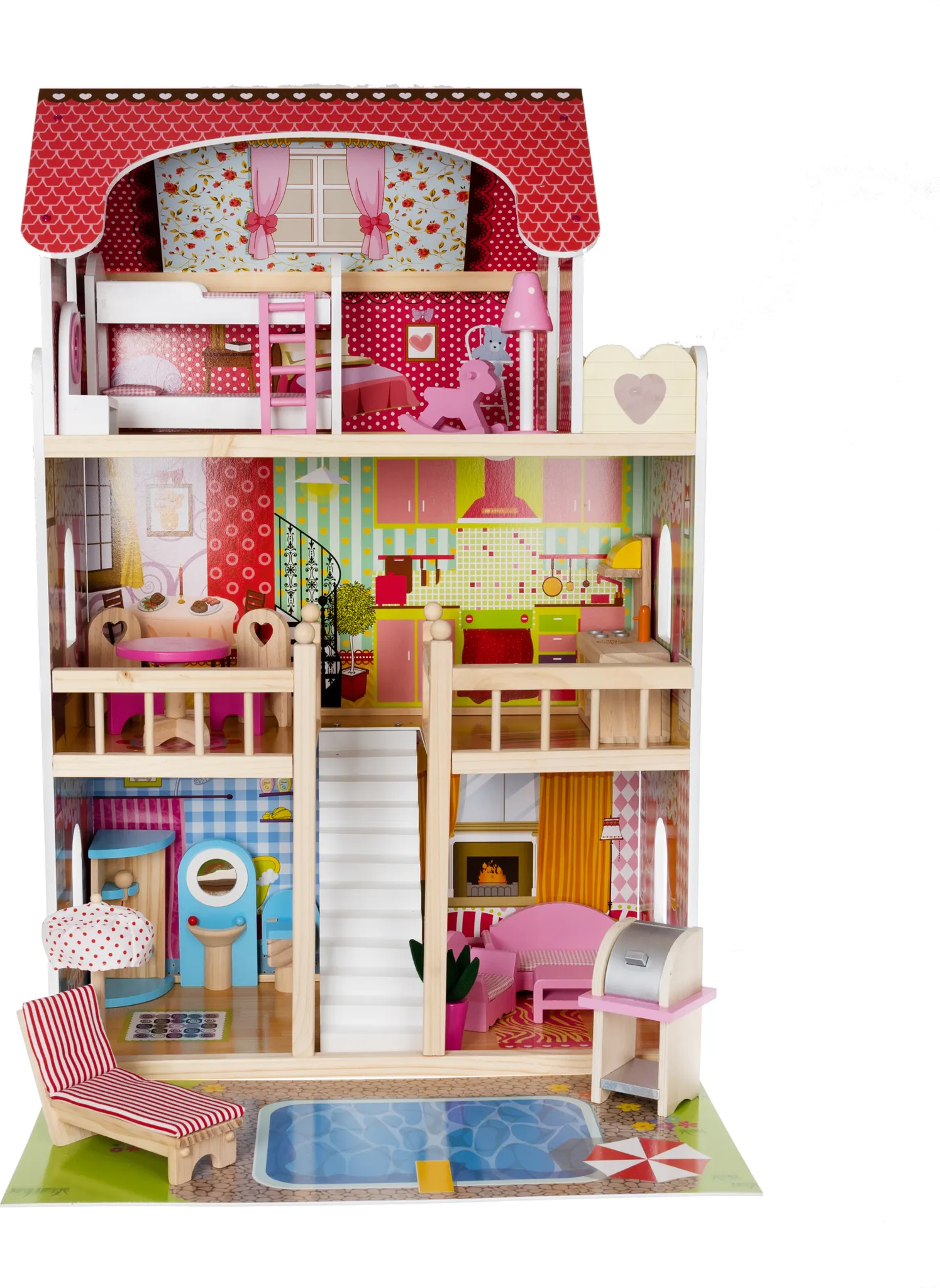 COSTWAY Puppenhaus Holz, Puppenstube 3 Etagen Mit Doppelseitigen Dächern Und Zu öffnenden Türen, DIY-Traumhaus Puppenvilla Mit Möbeln Und Zubehör, Für Kinder Ab 3 Jahren