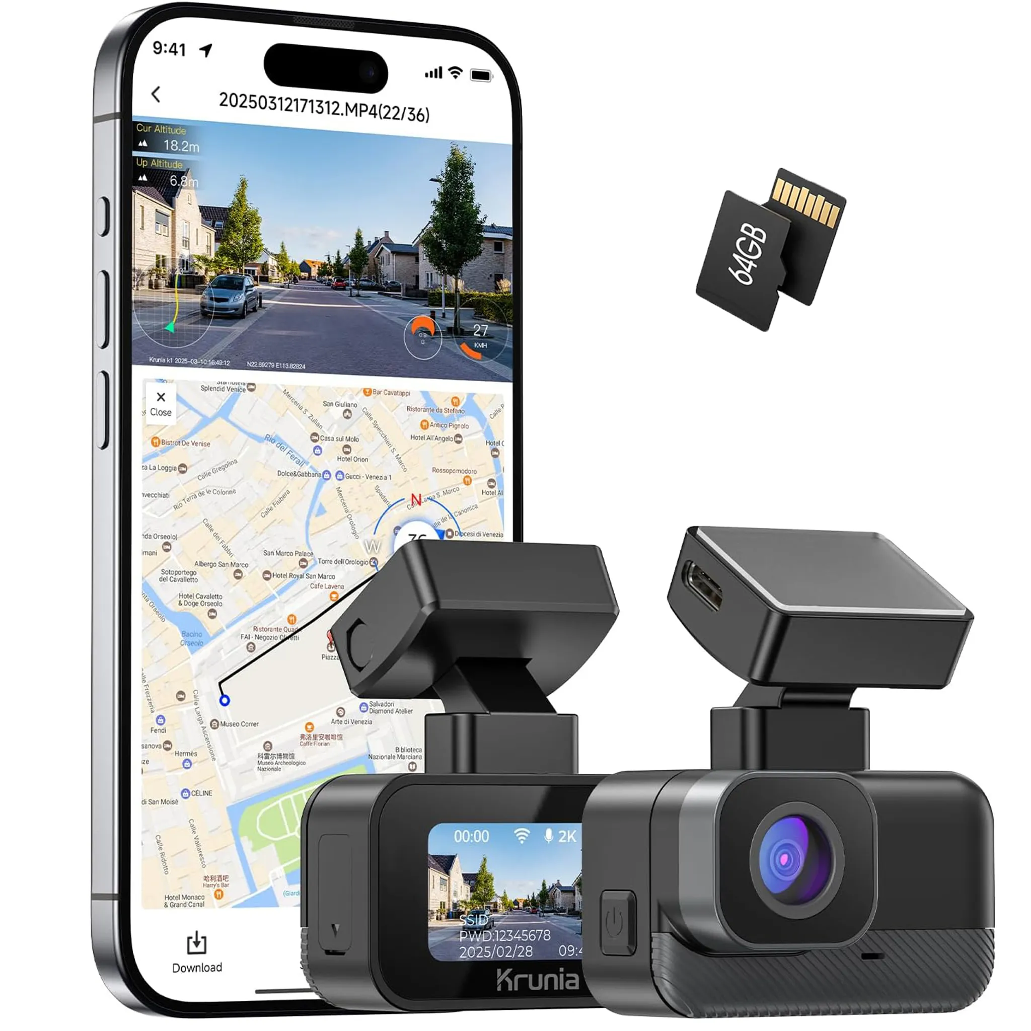 Dashcam Auto Front 2K Mit WiFi & Dash Cam Car 64GB-Karte,Super