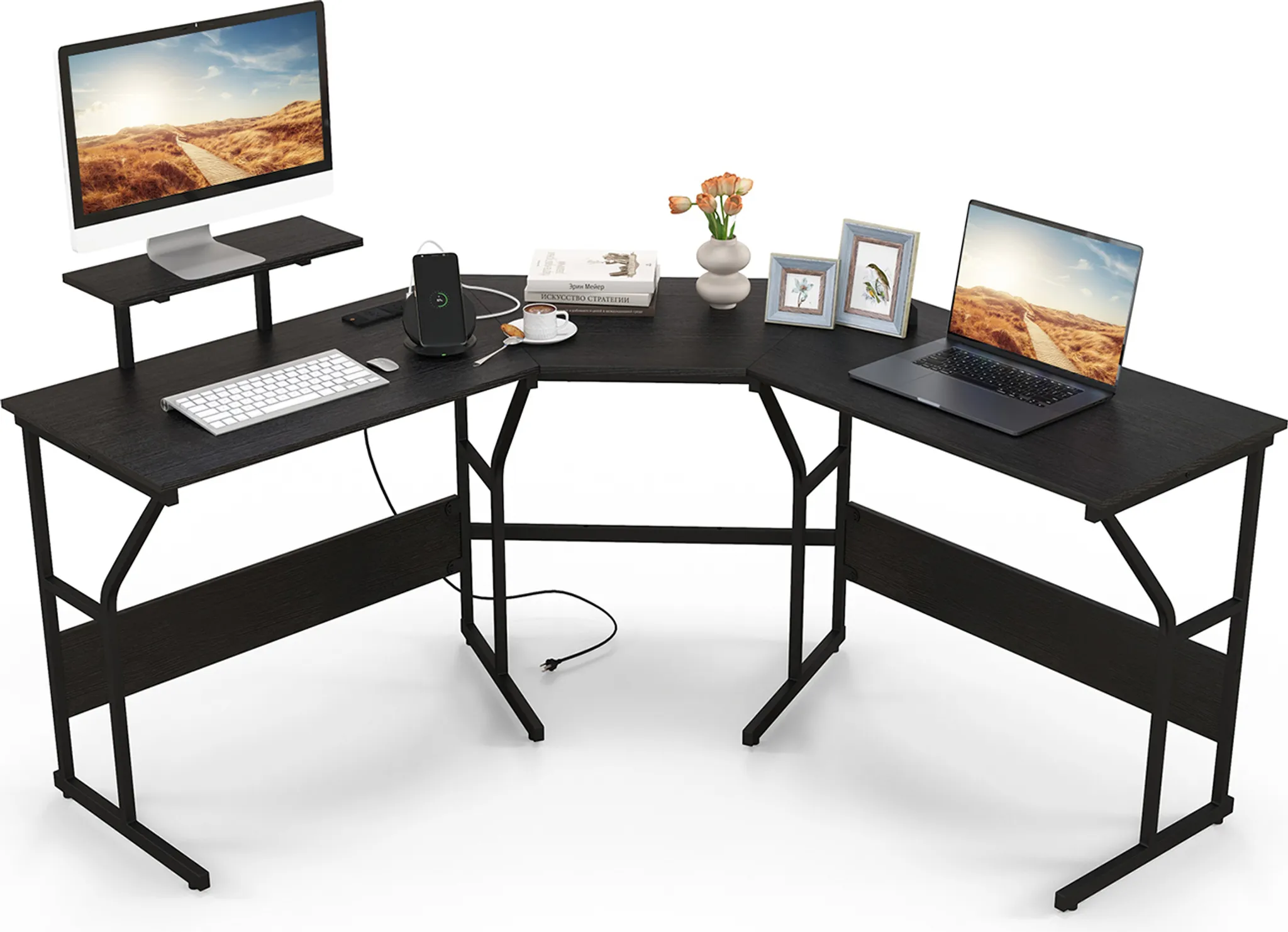 COSTWAY Schreibtisch L-Form, Computertisch Mit Regal Rechts Oder Links, Eckschreibtisch Mit