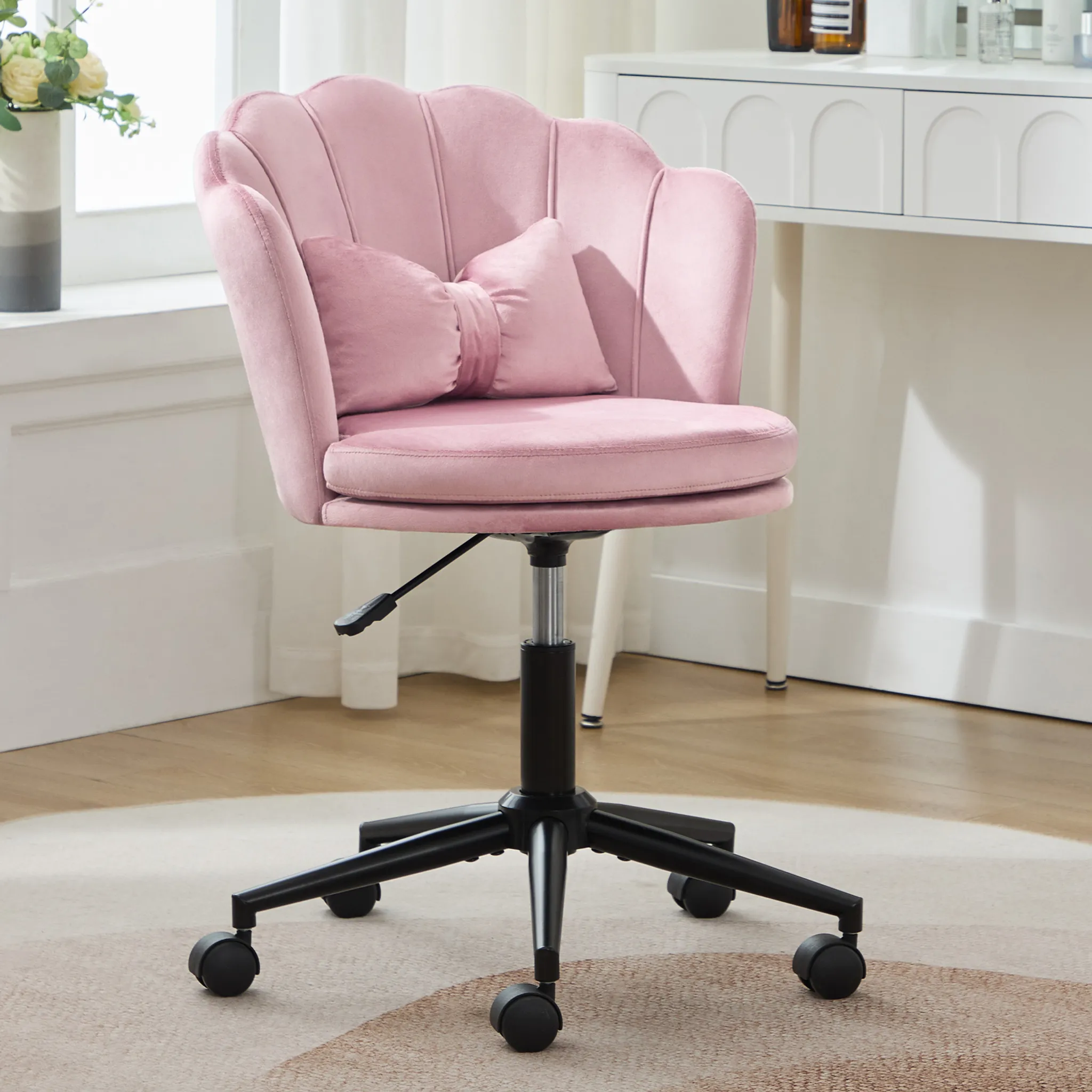 Comoda sedia girevole da ufficio, sedia per manicure, sedia da toeletta in velluto – WOWTTRELAX – Rosa