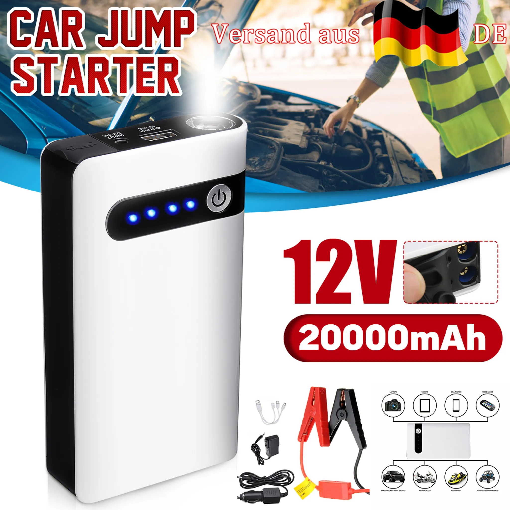 99800mAh Auto KFZ Starthilfe Jump Starter 12V Ladegerät Booster Power Bank  PKW