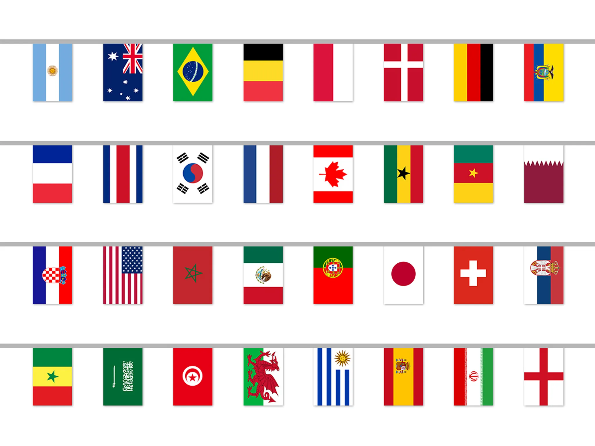 2 Pack Fußball WM 2022 Flaggenkette 10m/14 * 21cm 32 Länder Fahnen