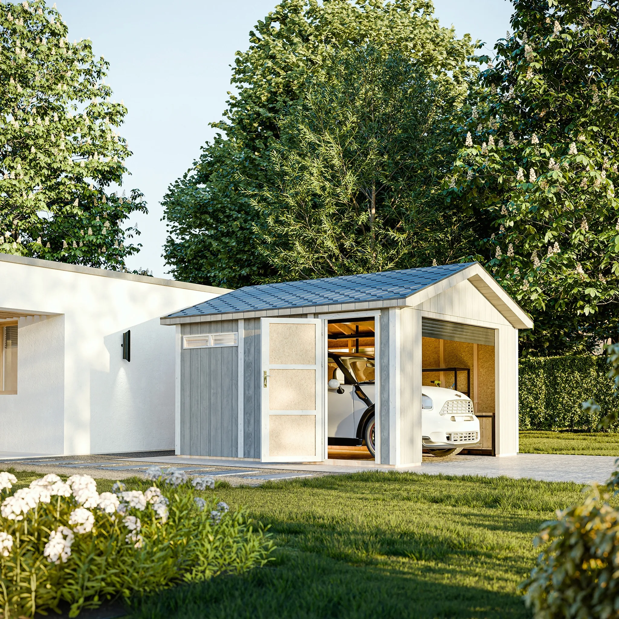 Garage di 13 m²- L378xL412 cm- Garage per moto, biciclette, attrezzi da giardino - Costruito con pannelli LP Smartside - Timbela M990B