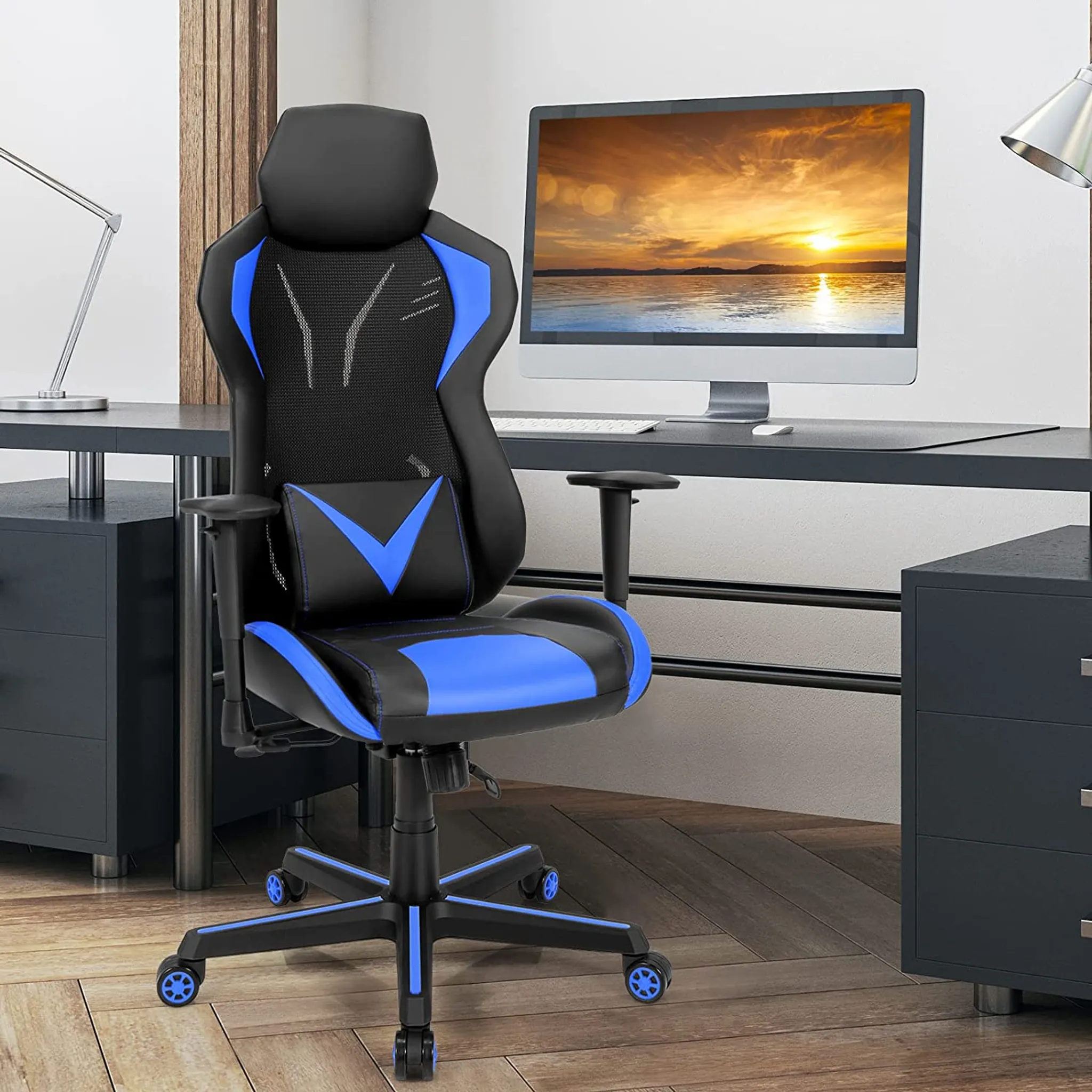 Bürostuhl mit Lendenkissen & Kopfstütze Ergonomischer Gaming Stuhl Schwarz  + Blau - Costway