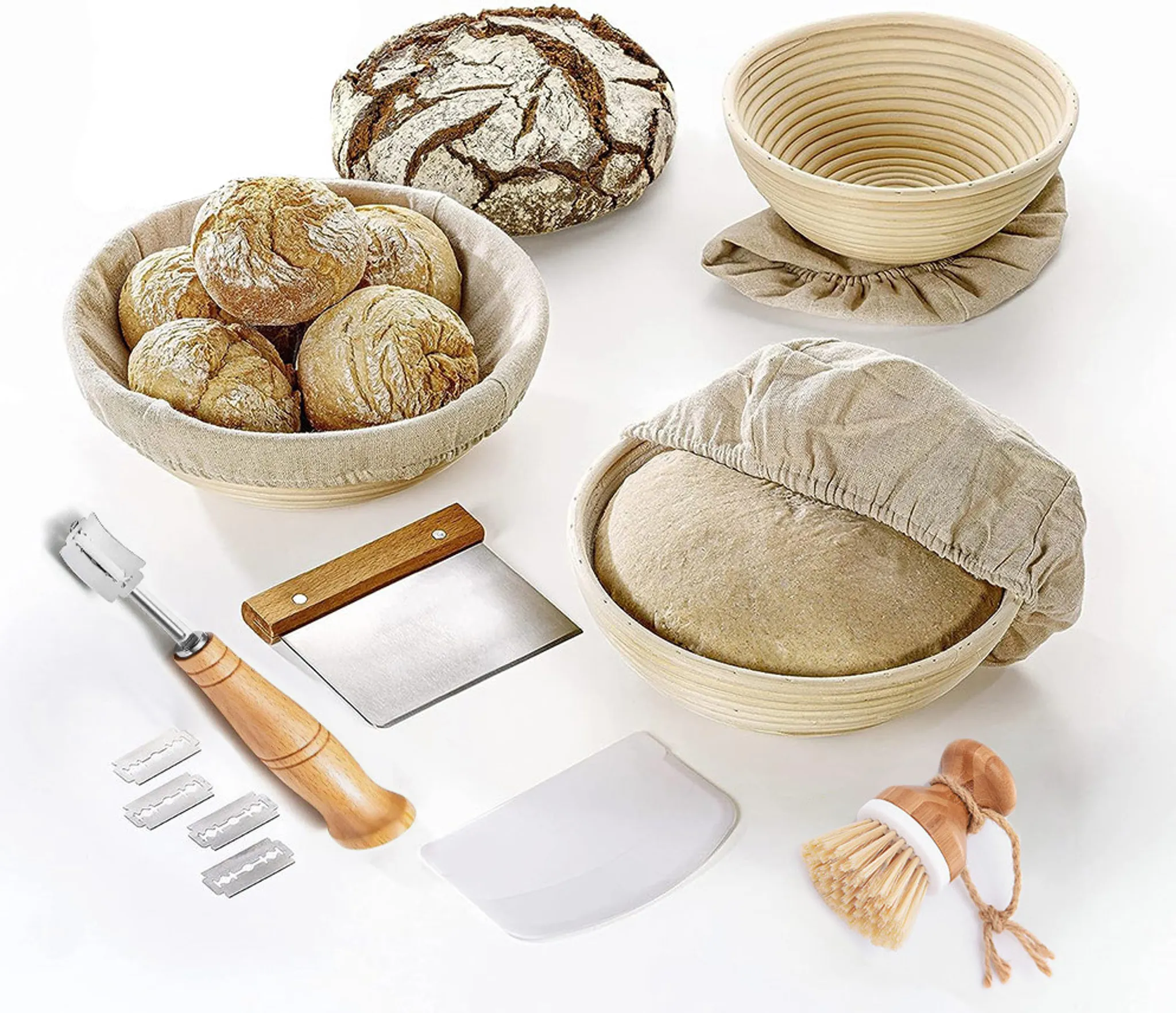 INFF Sauerteig Brotback-Set – Mit Rundem & Ovalem Gärkorb, Teigschaber & Brotlame Für Perfektes Brot