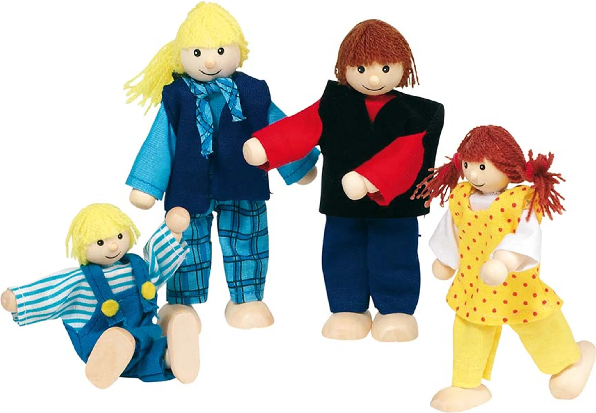 Familia De Muñecos Articulados Goki De Madera - 4 Piezas Con Accesorios