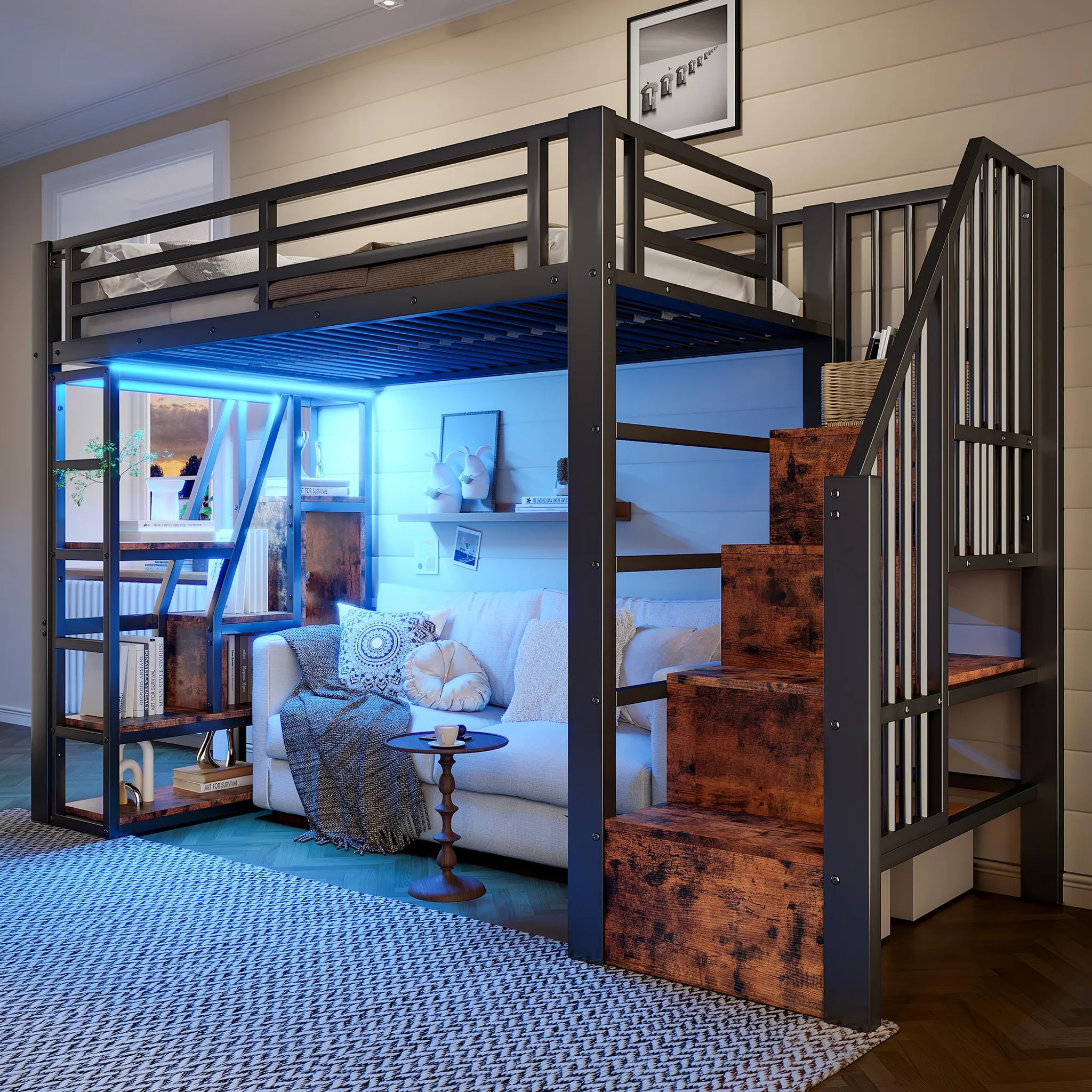 Letto A Soppalco 90x200 Cm Con Armadio, Scale Portaoggetti E Protezione Cadute – Struttura In Pino E MDF, Design Salvaspazio Per Cameretta, 3 Scatole