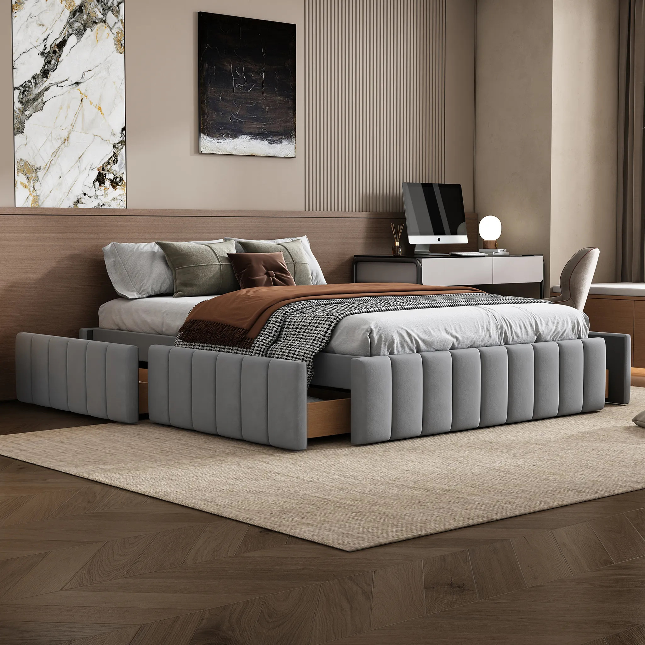 Myheimly Bettgestell Mit Kopfteil 160x200 Cm – Samt, Lattenrost, Stützbeine, Dunkelgrau