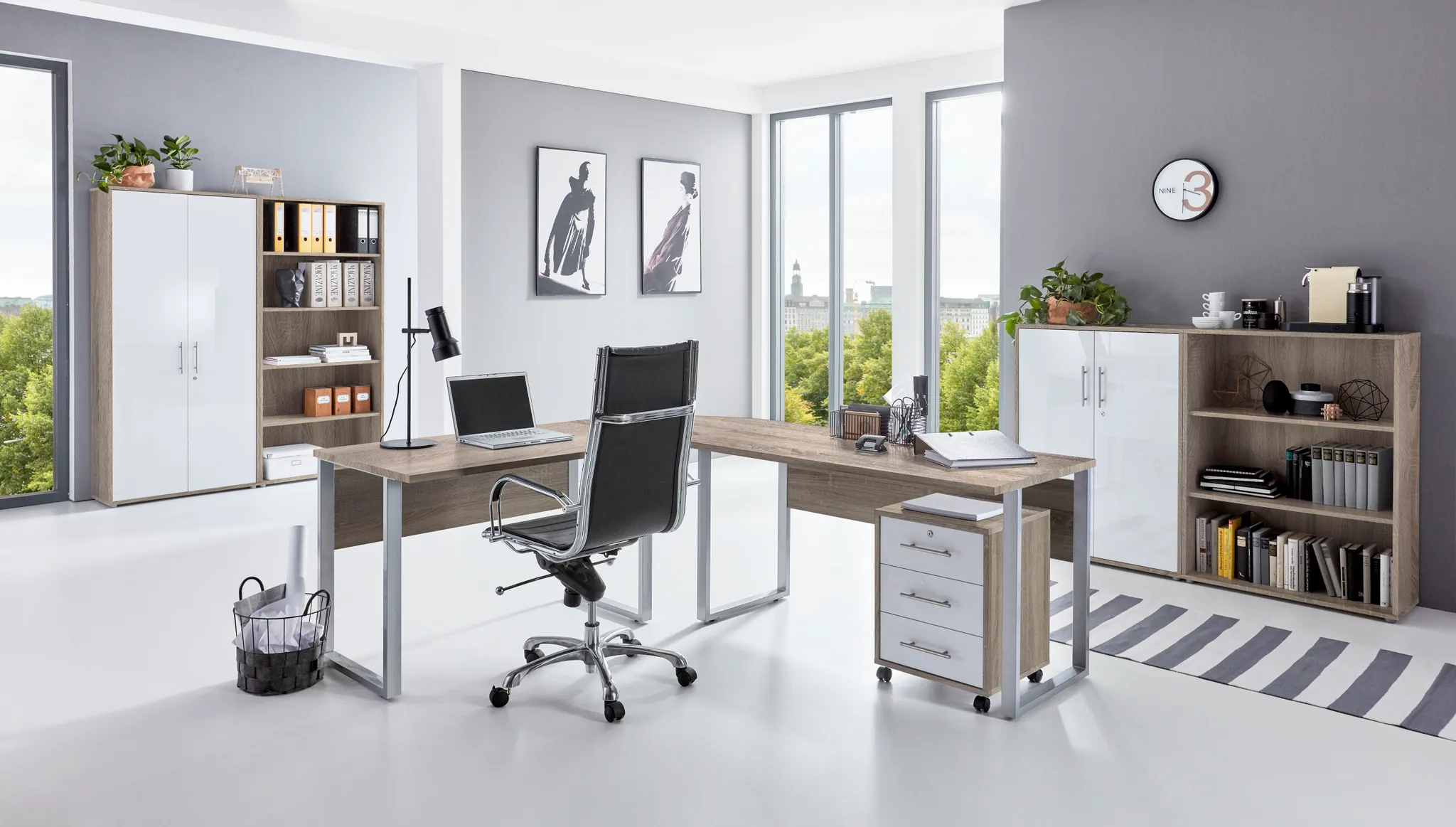 BMG Möbel Büromöbel-Set, Office Edition Set 1.2, eiche Sonoma/ weiß matt