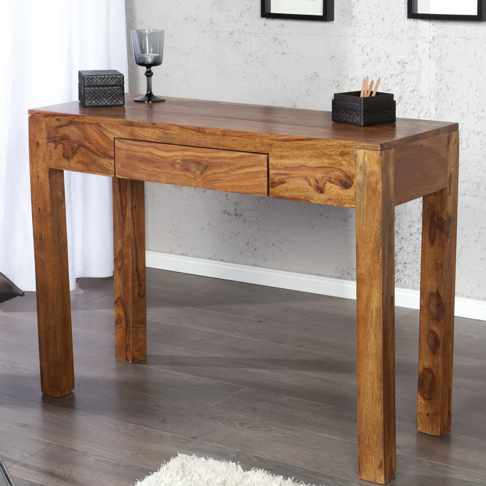 MiaMöbel Sekretär Mexico – 120x125x58 Cm, Landhausstil, Massives Pinienholz, Honigfarben Gewachst, Mit 11 Schubladen & Rollo, Vollmontiert