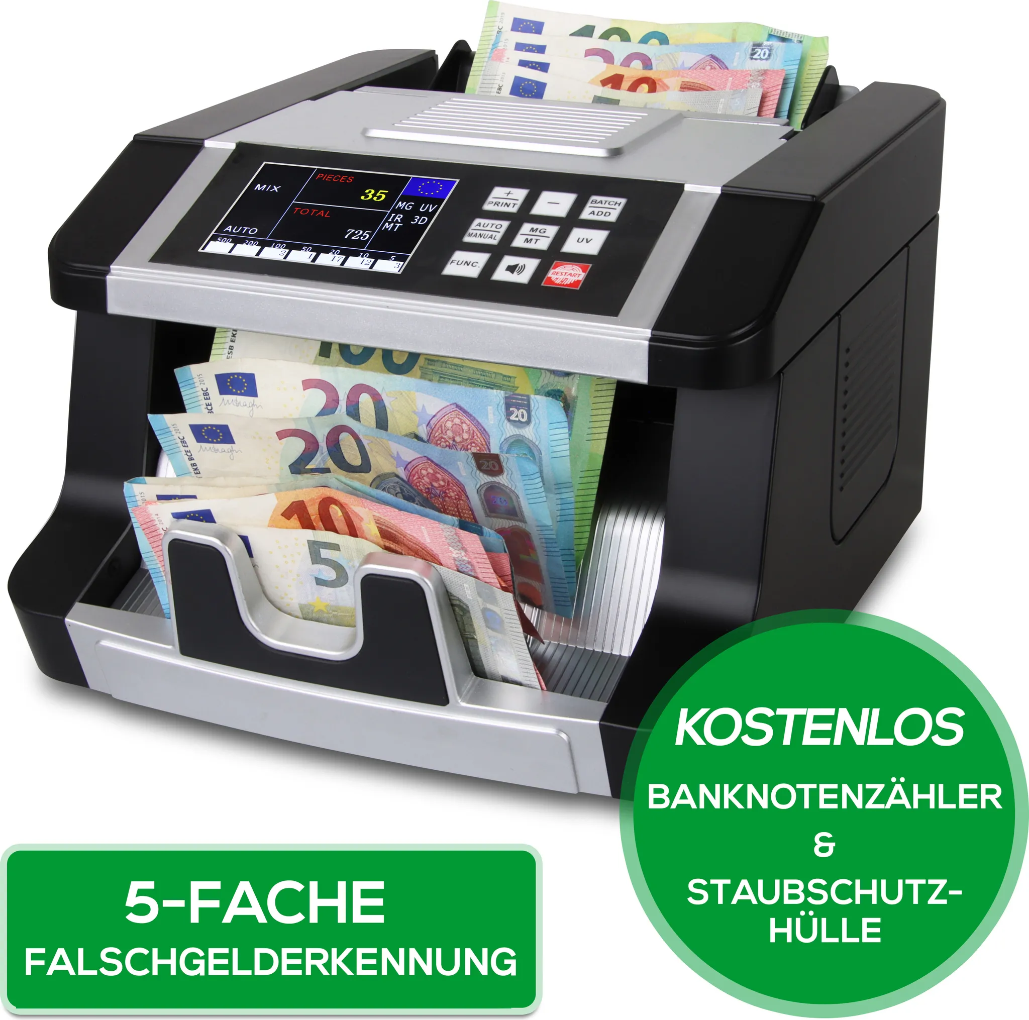 Geldzählmaschine Echtheitsprüfung ZZap NC70 Banknotenzähler | Wertzähler & Fälschungserkenner | Sortiert & Zählt Gemischte Währungen | Mit Drucker 1200 Scheine Pro Minute