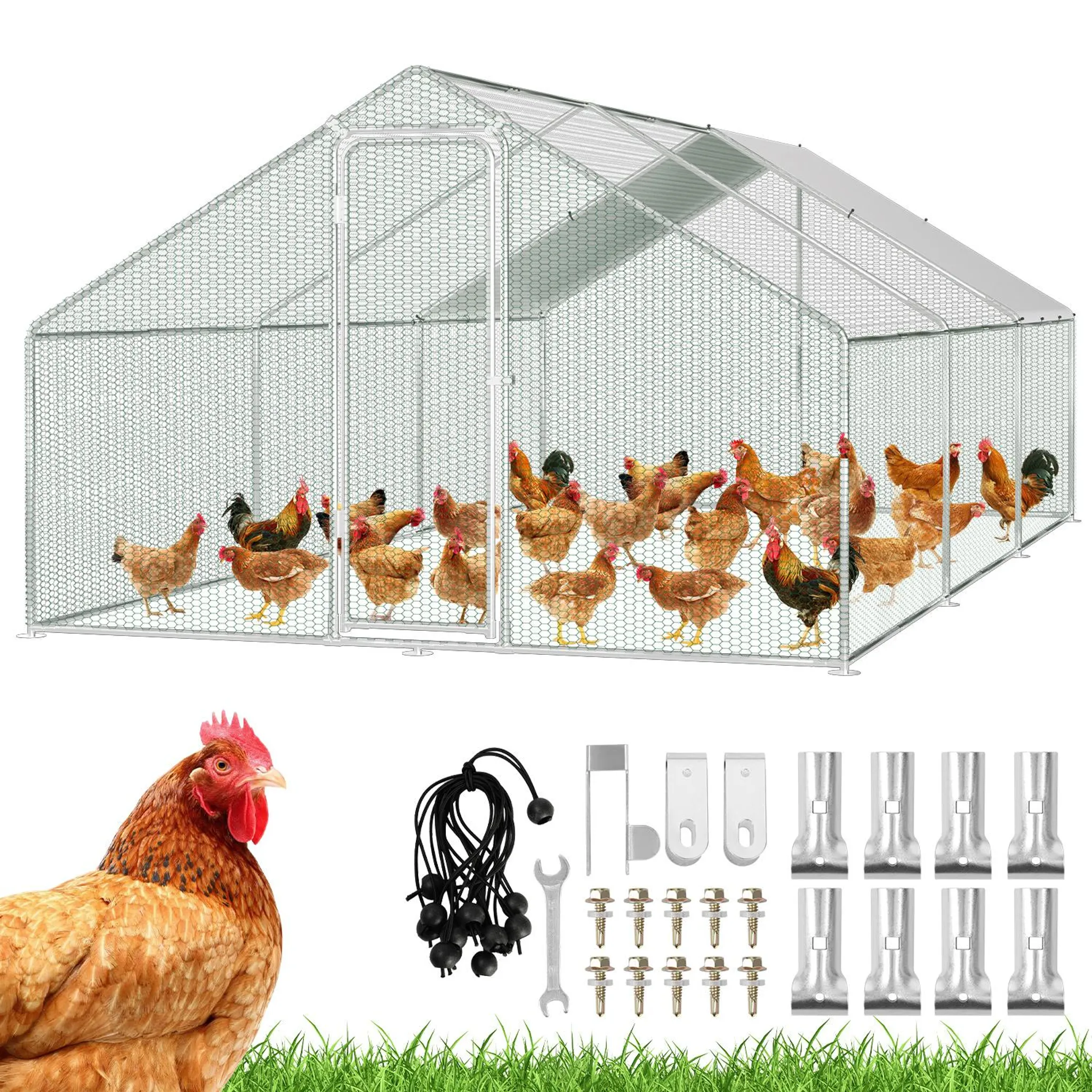 Produktbild von Hühnerstall 3x8 M Freilaufgehege Mit Verzinktem Stahlrahmen, PE-Sonnenschutzdach Und Sicherheitstürschloss