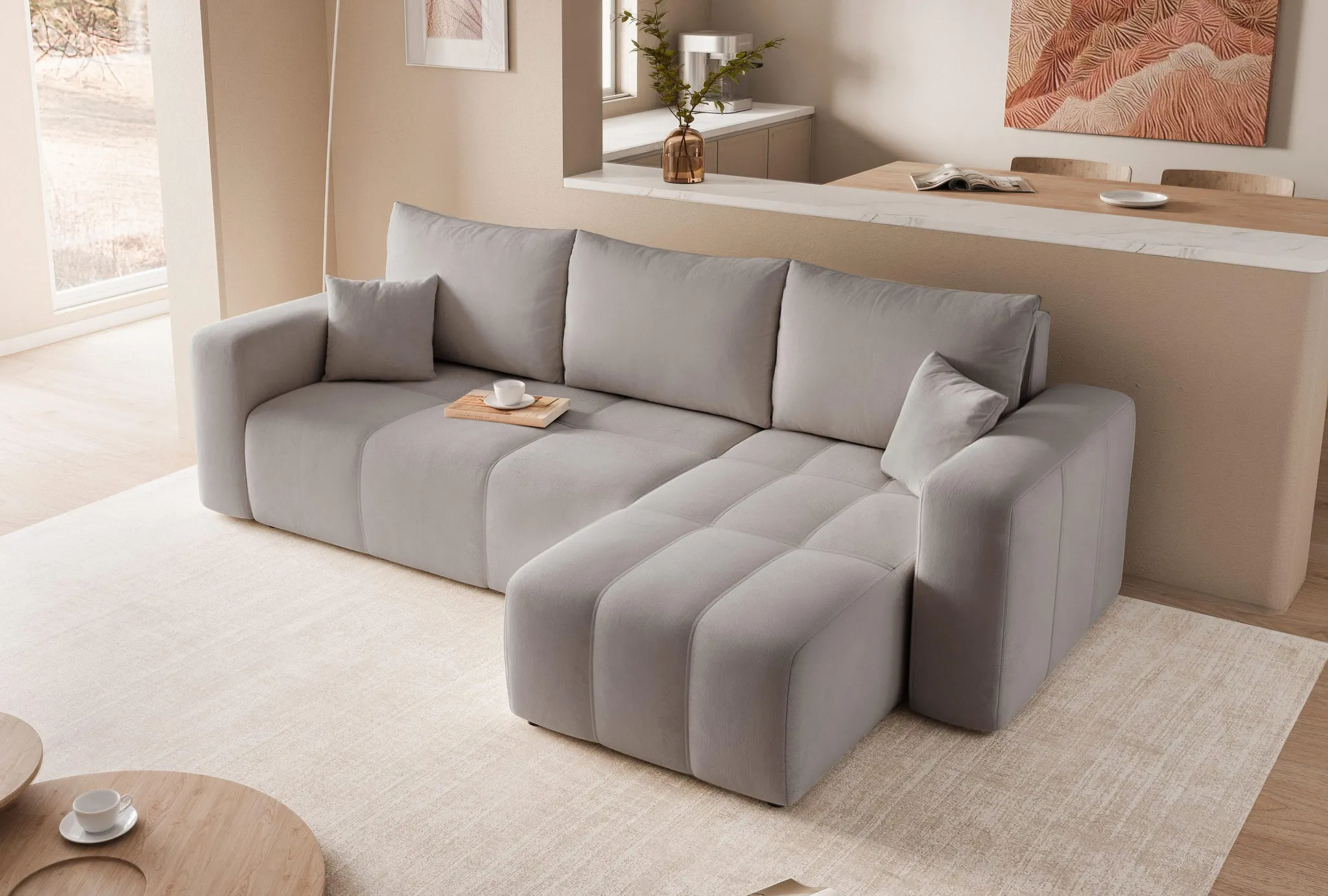 Chaise Longue Beliani PESSAC - Côté Gauche, Rangement, Velours Gris Clair, Rétro