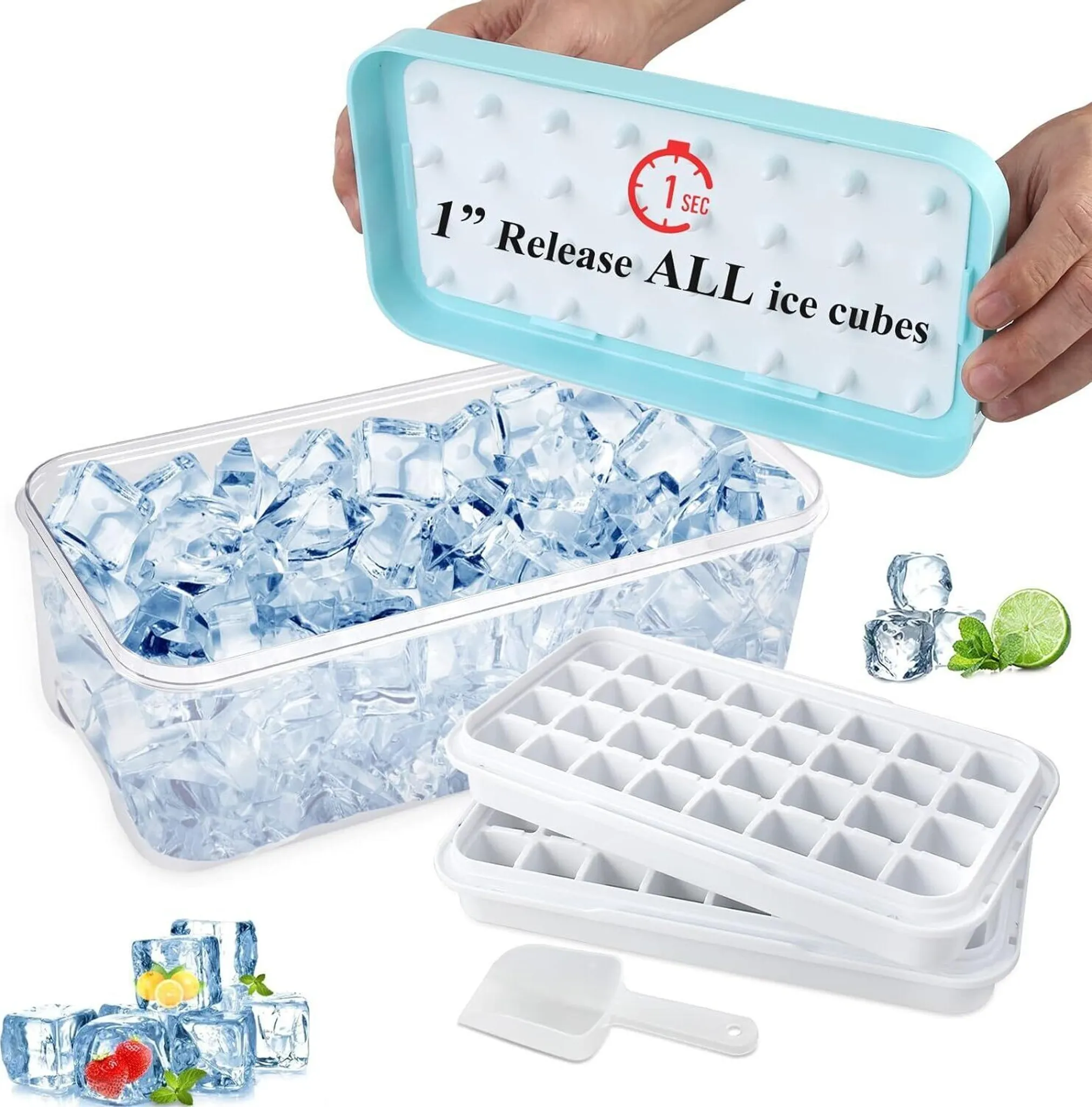 Eiswürfelform-Set Mit Deckel & Behälter – 4 Stück, BPA-frei, Stapelbar, Inkl. Eiszange & Schaufel