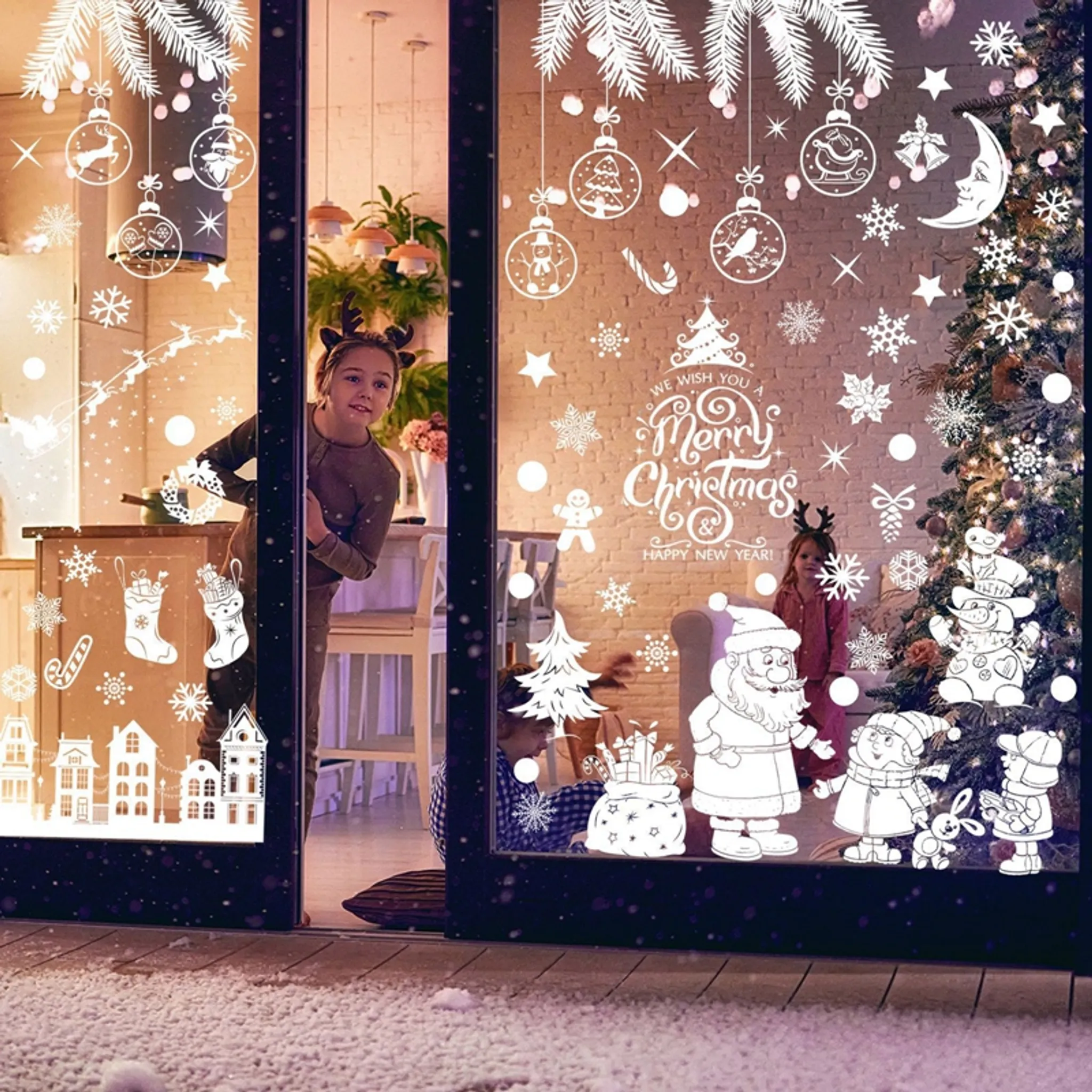 Wiederverwendbares Fensterbild Weihnachten Winter Elch Auto Tannebaum mit  Schneeflocken Adventsdeko