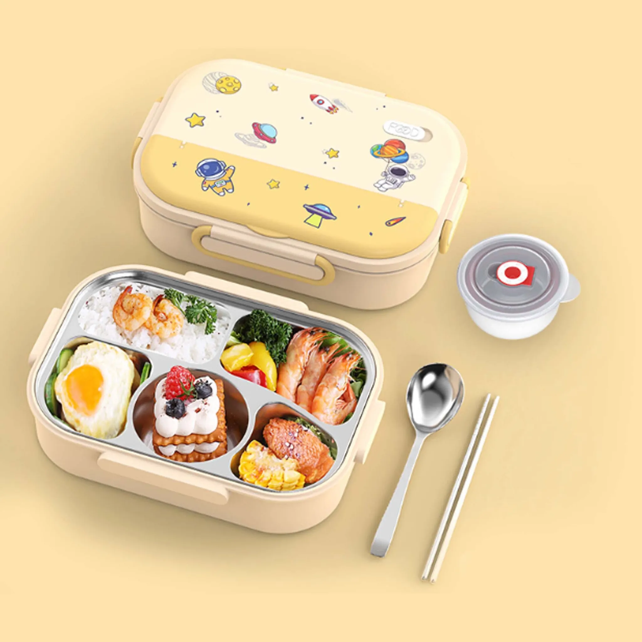 Edelstahl Snackbox 3-Fach – Wiederverwendbare Bento-Box Für Kinder & Erwachsene, Auslaufsicher (Gelb)