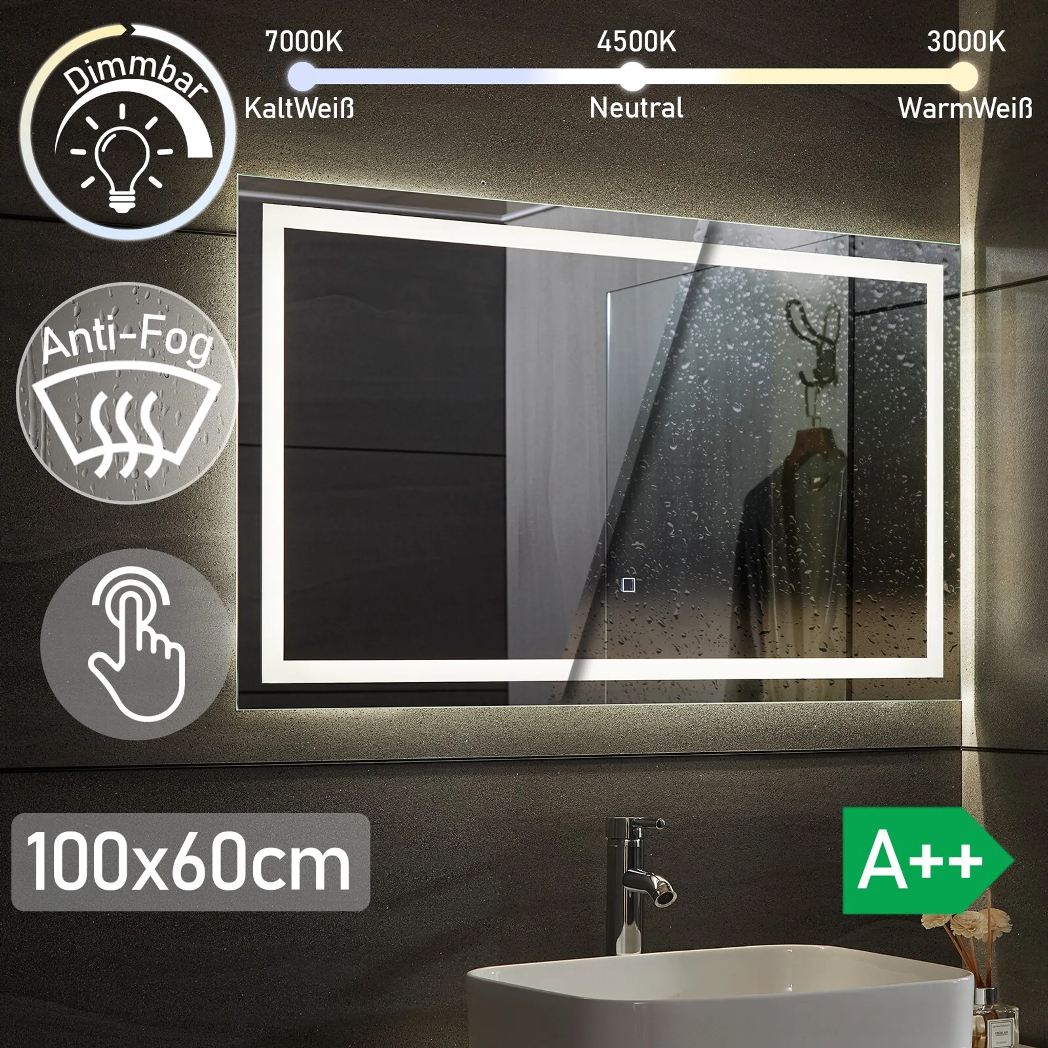 SONNI Badspiegel 100 x 60cm Badspiegel mit LED-Beleuchtung
