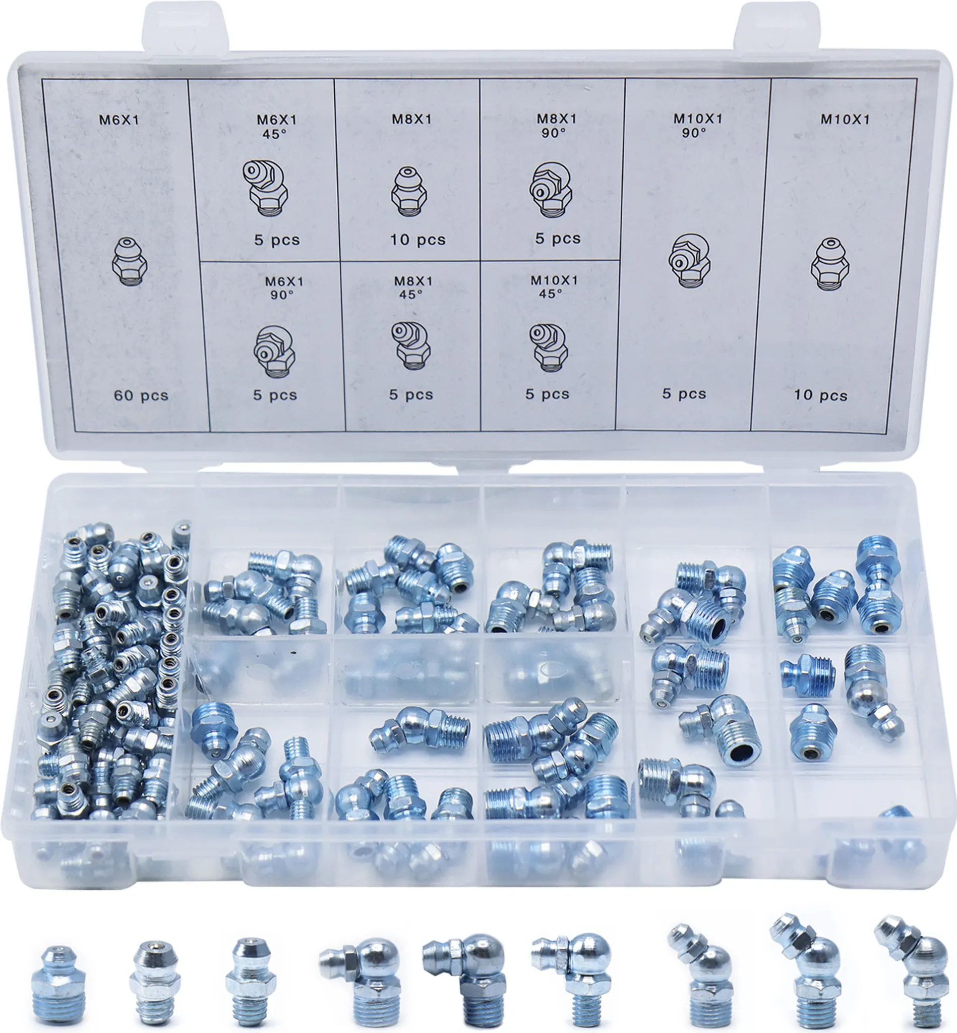 Alkan Schmiernippel-Sortiment 170-tlg. Mit Schutzkappen – M6, M8, M10 In Box