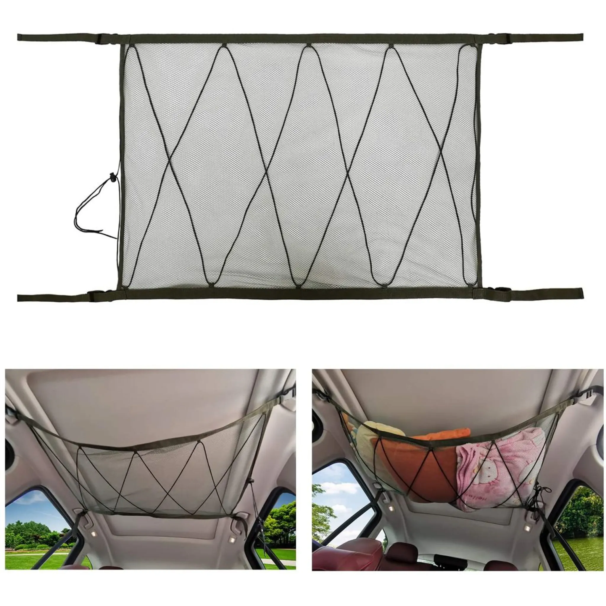 Gepäcknetz Auto für Decken Aufbewahrung - Auto Cargo Universal Netztasche  mit Einstellbar Kordelzug für Vier Dach Armlehnen
