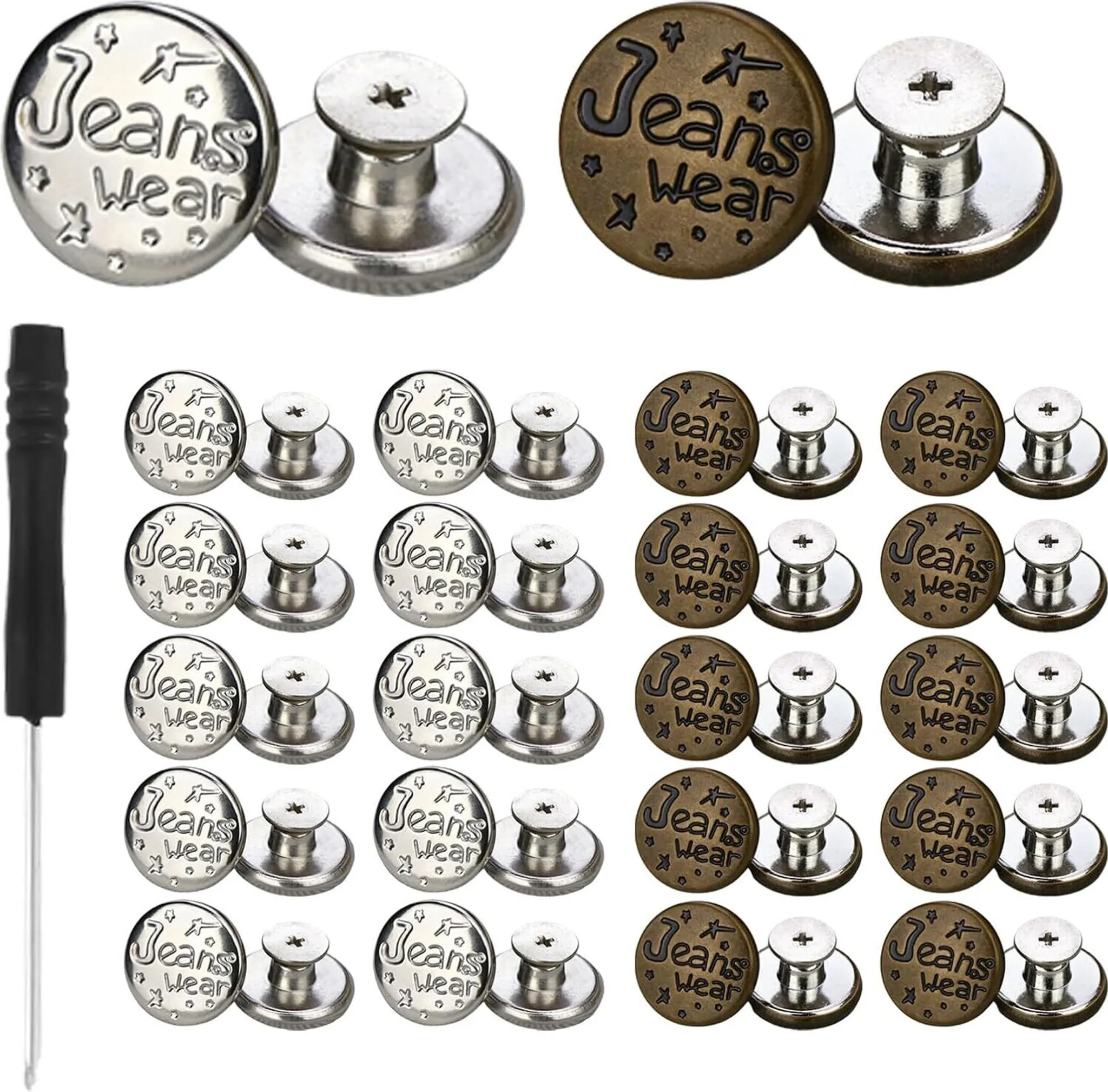 YOGAZEN Jeansknöpfe Ohne Nähen - 12 Stück Set, 17mm, 6 Verschiedene Stile