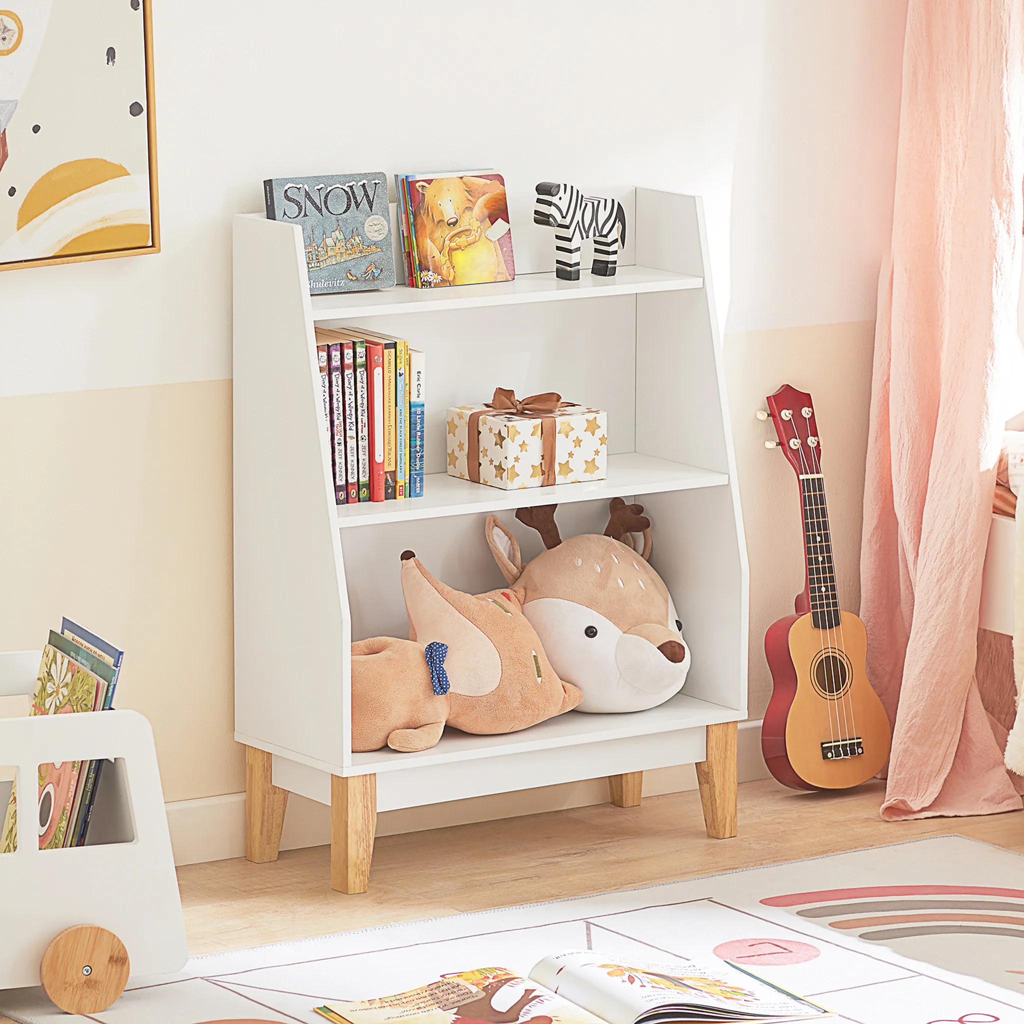 Étagère à Livres Enfant WOLTU Gris Blanc - Bibliothèque MDF 3 Compartiments Avec Roulettes Pour Rangement
