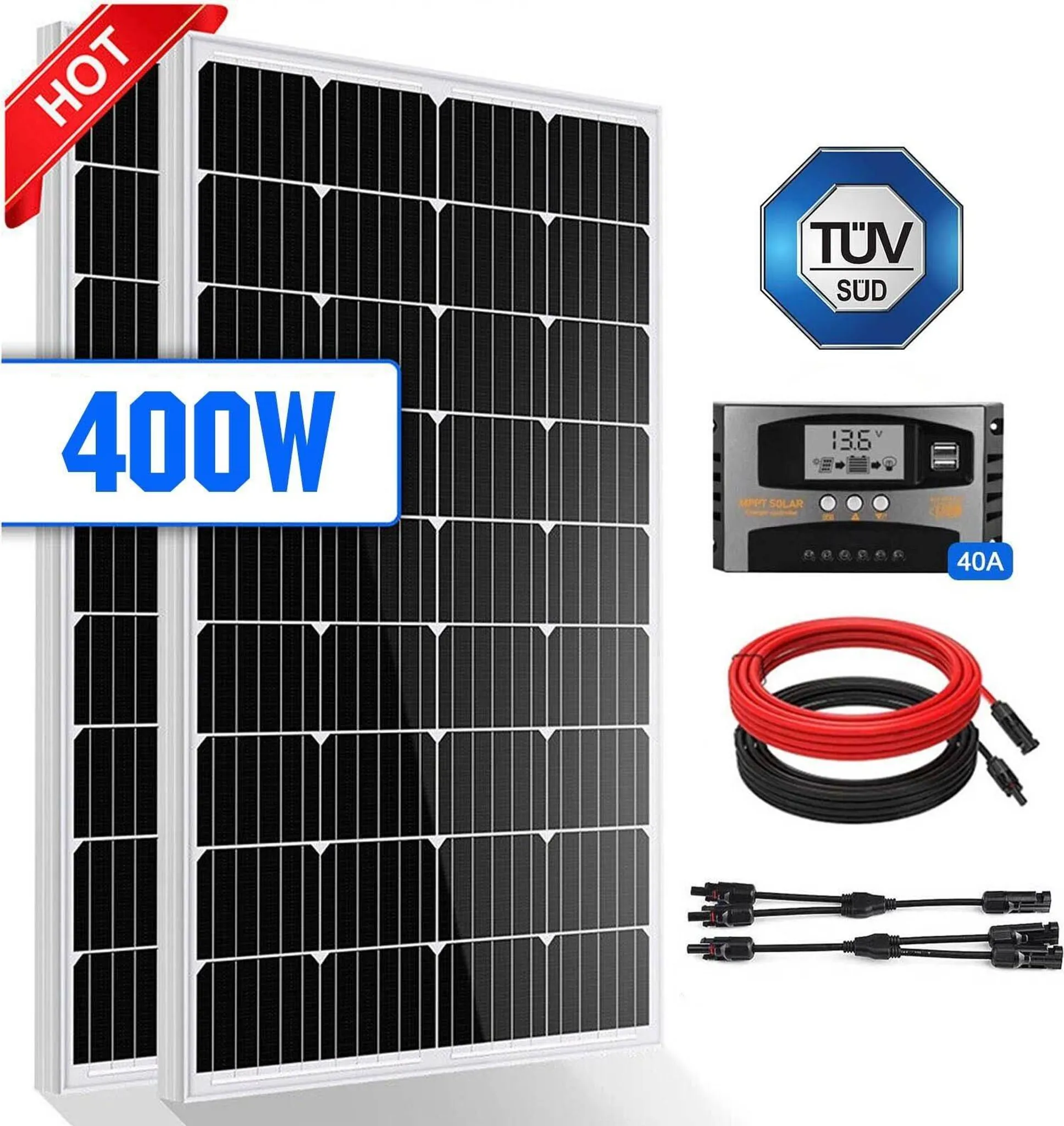 SPYMINNPOO Kit Pannello Solare Portatile 200W 12V, Regolatore Regolatore Pannello Solare Monocristallino Per Ciclismo Alpinismo Escursionismo Campeggio (40A - 9