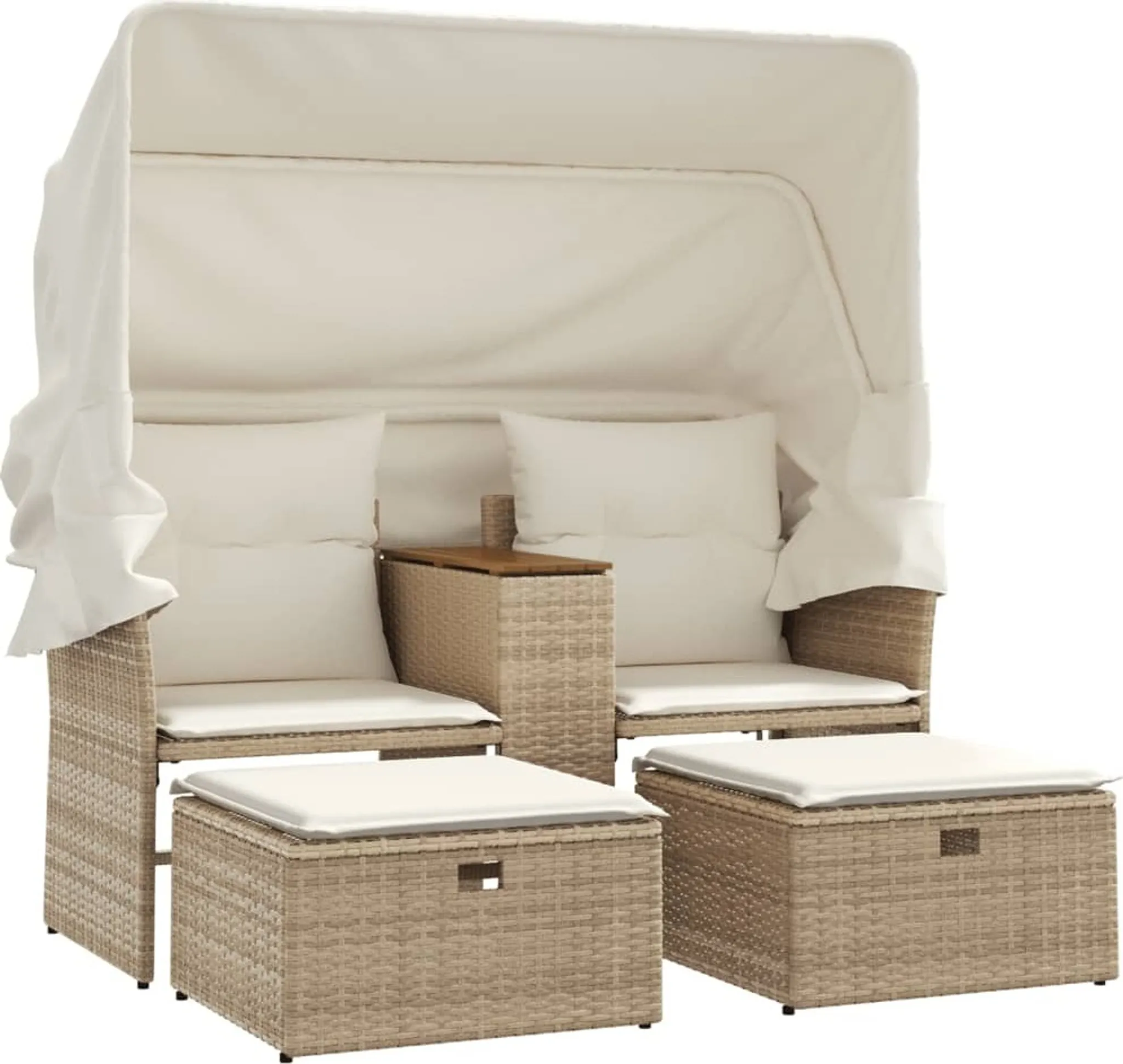Produktbild von Gecheer Gartensofa Mit Dach & Hockern – 2-Sitzer Aus Beigem Poly-Rattan, Inkl. Sitz- Und Rückenkissen – Wetterfest, Mit Ausziehbarem Sonnendach!