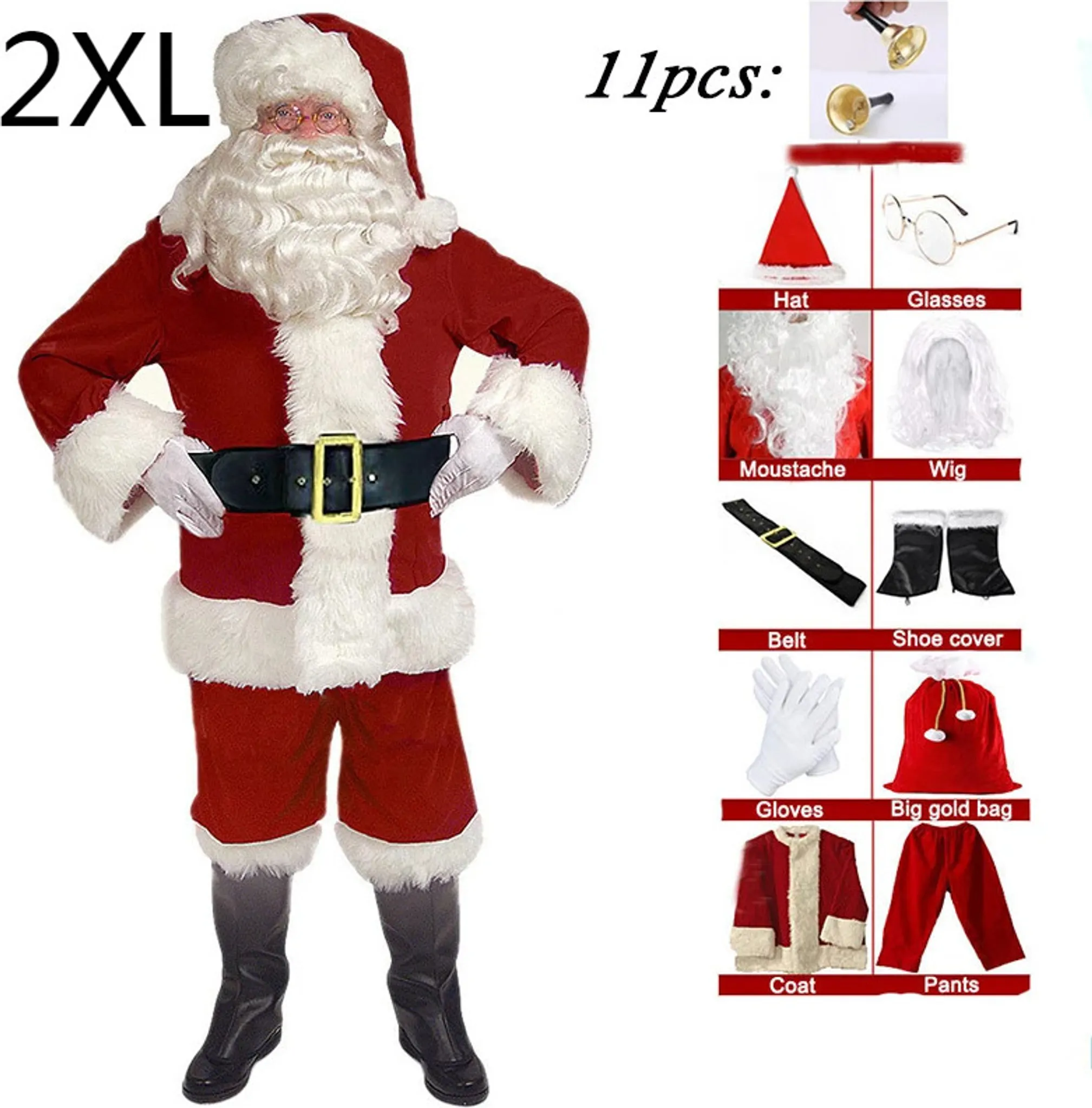 Weihnachtsmann Kostüm-Set Für Erwachsene – Mit Bart, Perücke, Mütze & Brille (Rot/Weiß)
