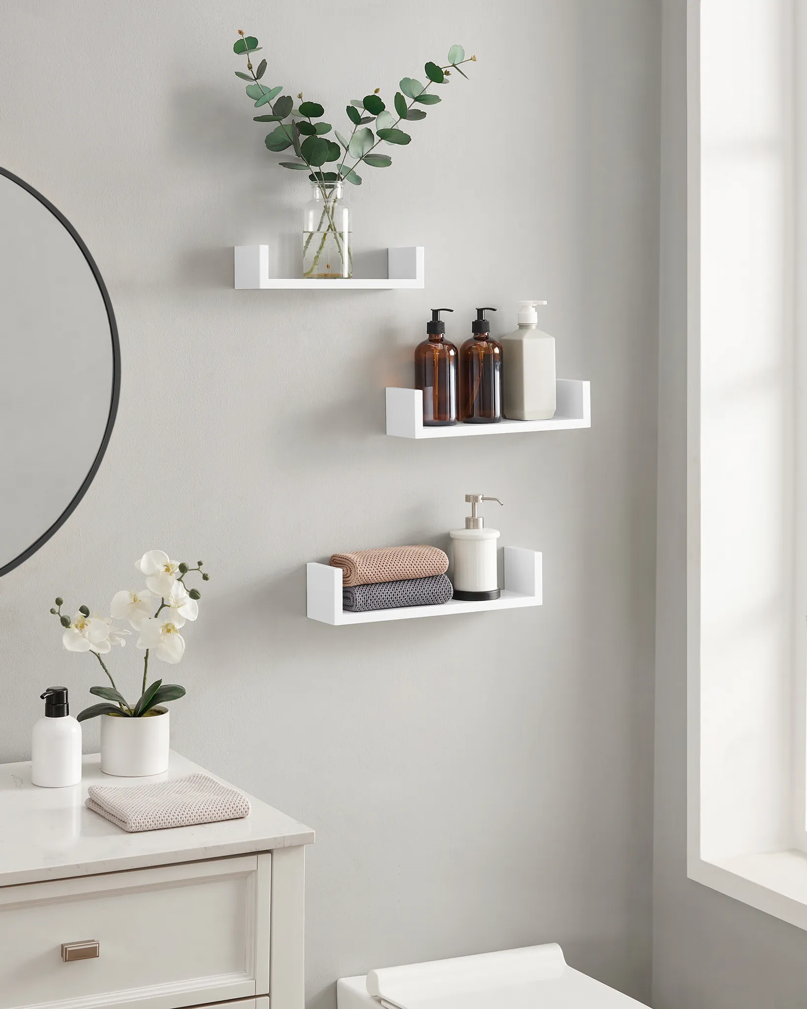 SONGMICS Lot De 3 Étagères Murales Suspendues Blanc Brillant - Tablettes Flottantes 30/35/40 Cm, Charge 10 Kg, Décoration Salon, Bureau, Salle De Bain, Cuisine