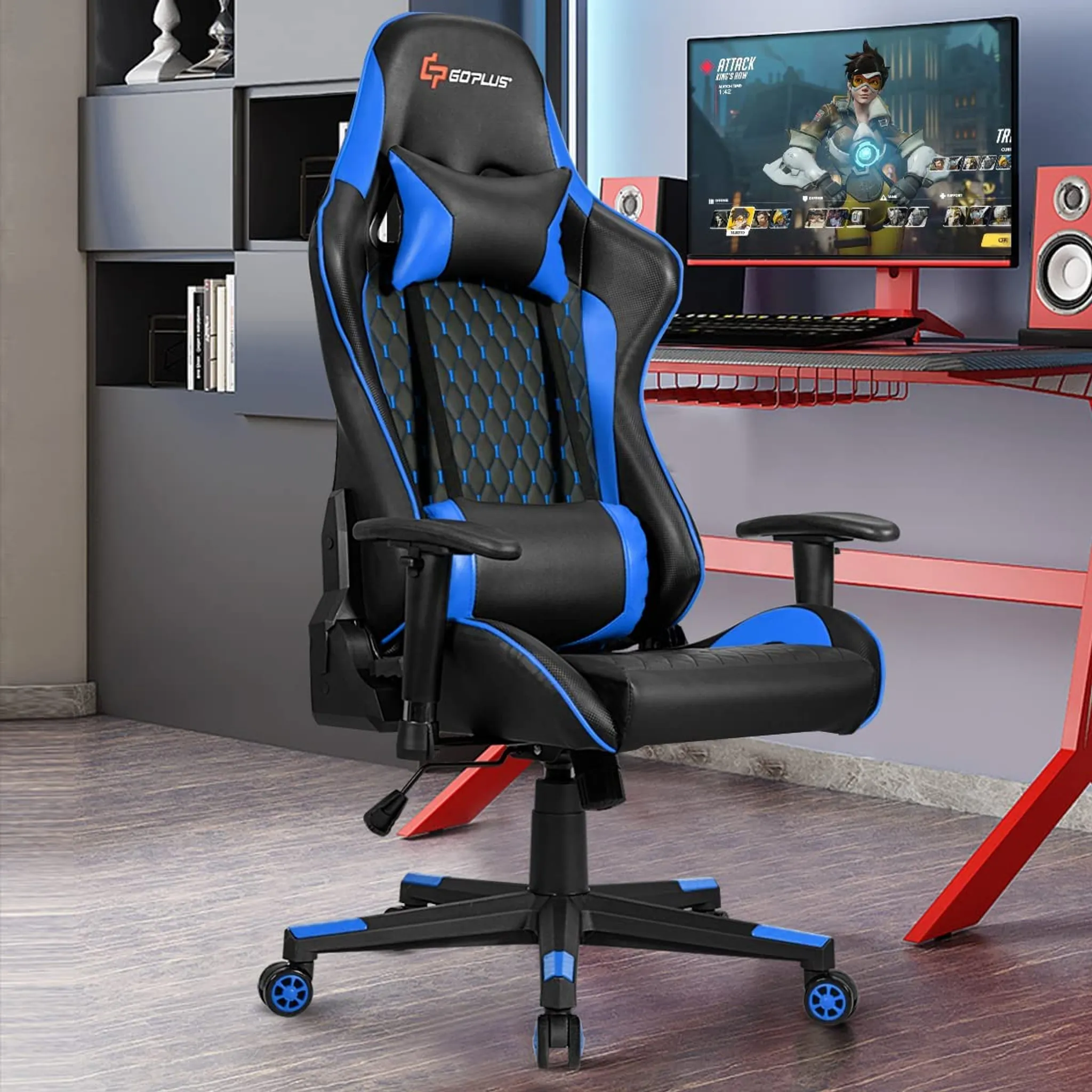 SONGMICS Gaming-Stuhl, Bürostuhl, ergonomisch, Kopfkissen, bis 150 kg  belastbar