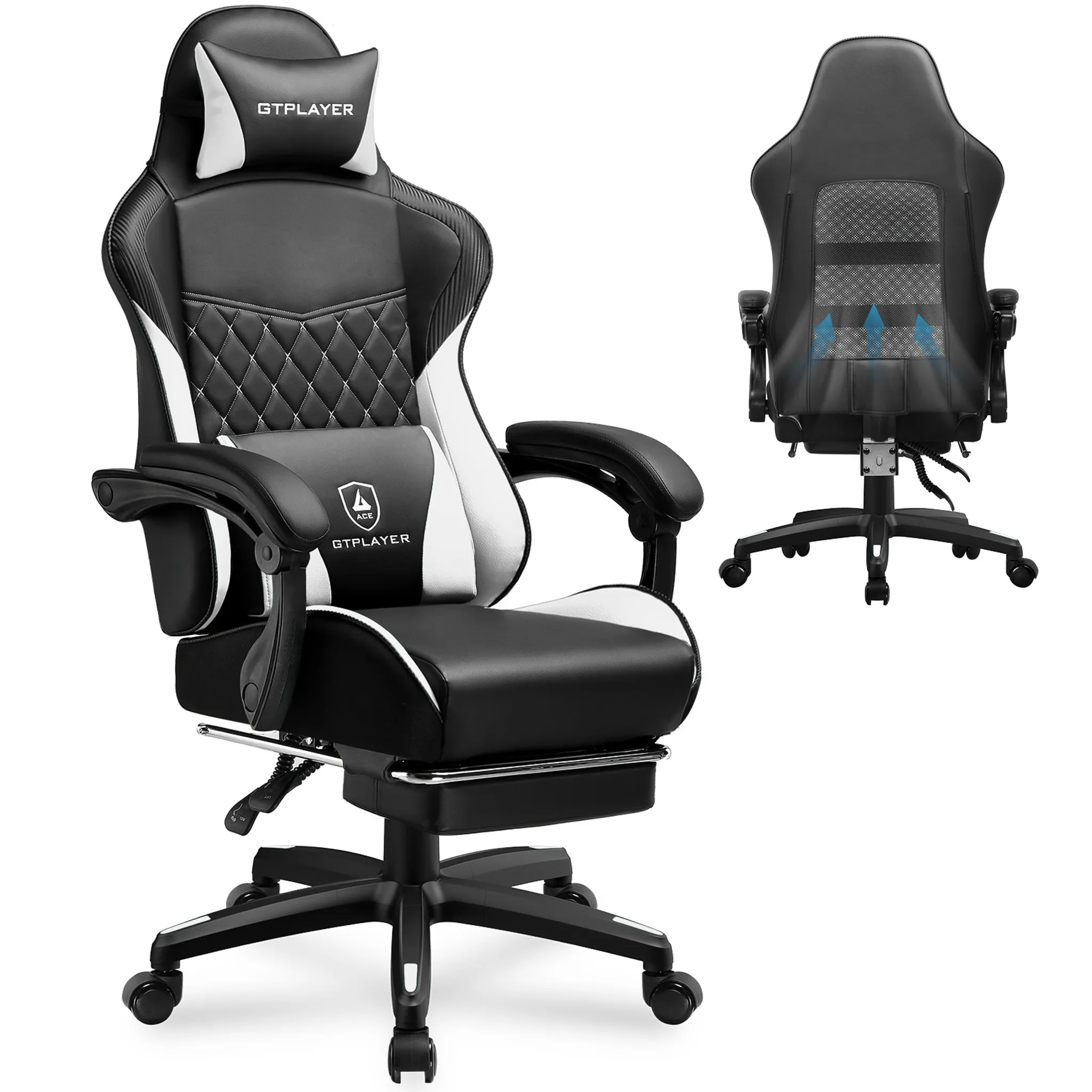 Chaise Gamer Ergonomique GTPLAYER - Appuie-tête Et Lombaire Réglables, Dossier Inclinable 90-150°, Repose-pieds - Tissu Noir, Charge 150kg