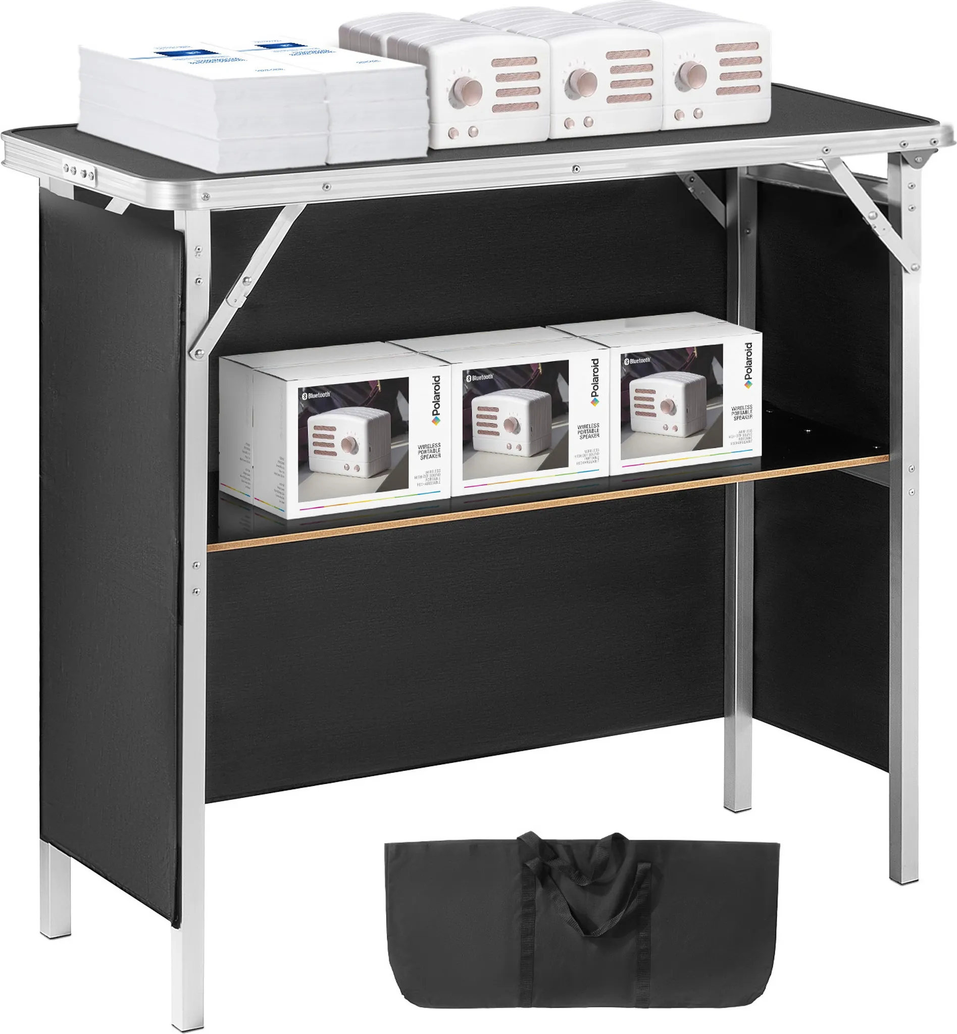 Produktbild von VEVOR Klappbarer Messetisch 130x46x95 Cm – Tragbarer Ausstellungsständer Mit Alu-Rahmen, Holzplatte & Aufbewahrungsregal Inkl. Tragetasche