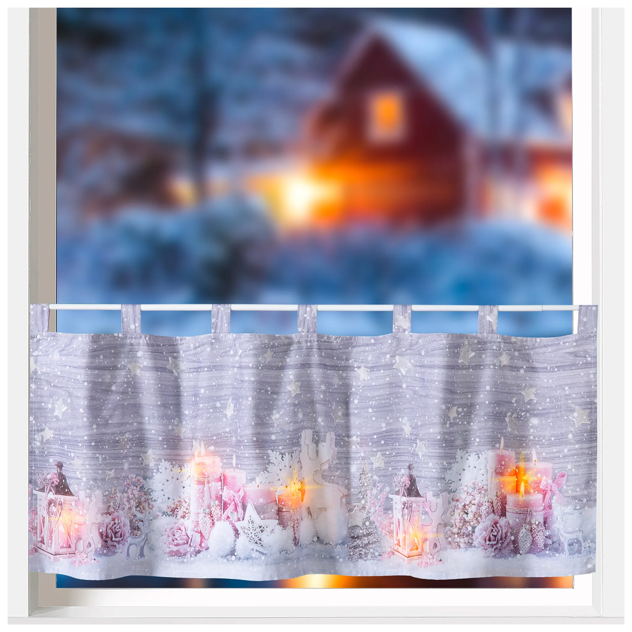 heimtexland ® Scheibengardine mit LED Lichterkette Deko Gardine beleuchtet  45x120 Weihnachten Fensterdekoration Weihnachtsdeko Rosa Typ651