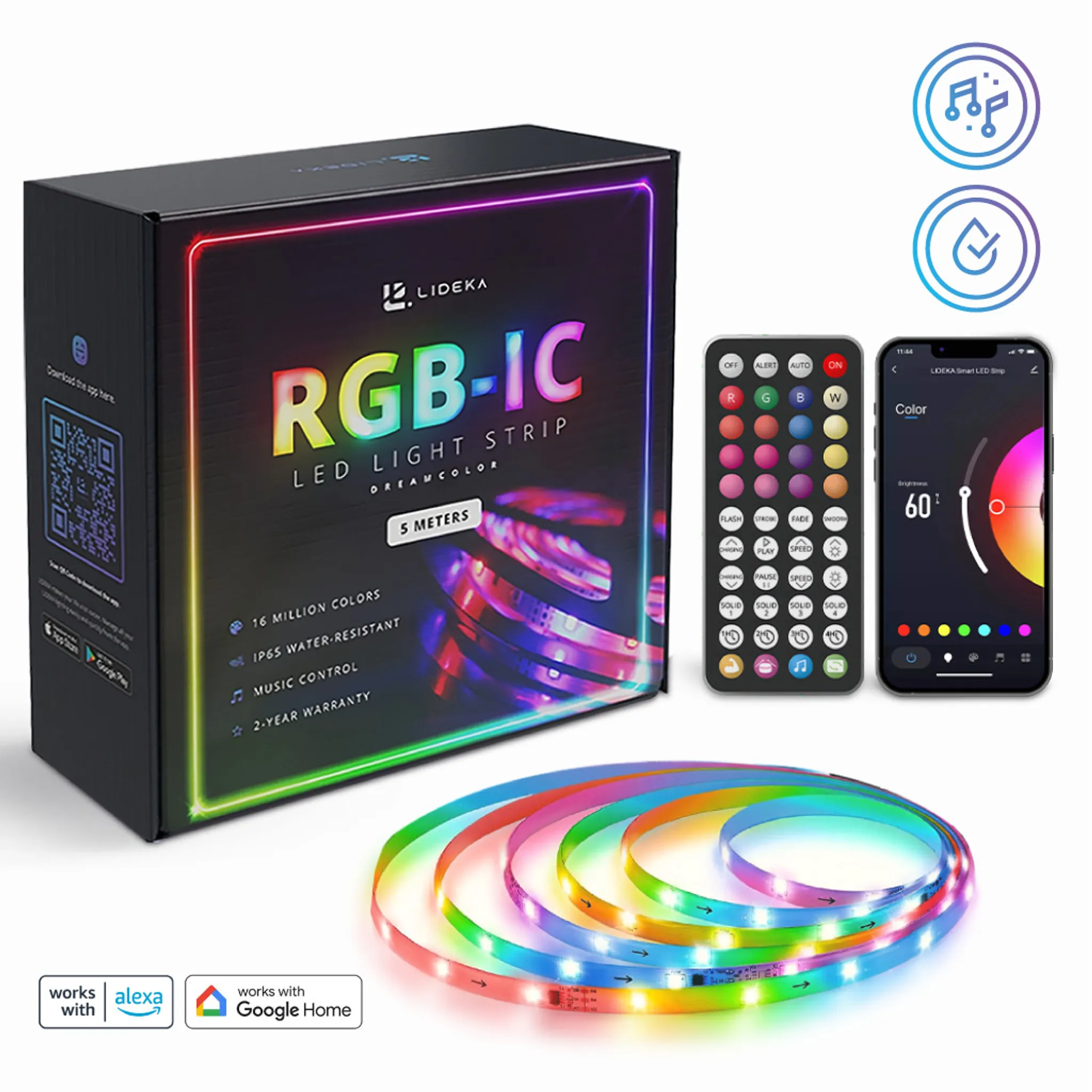Lideka® LED-Streifen 5m RGBIC Regenbogen, App