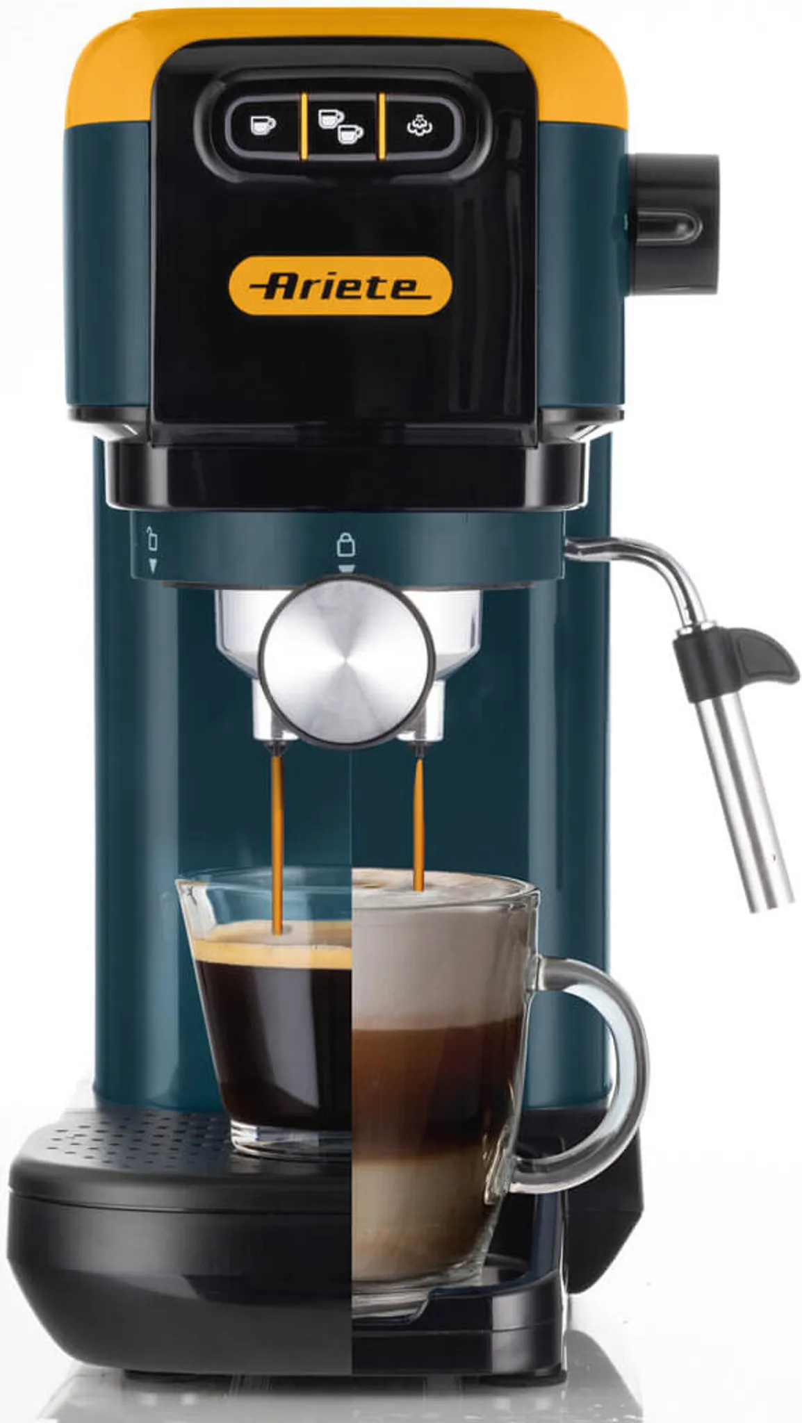 Ariete 1399 Espresso-Kaffeemaschine, Mangogelb, für ESE-Pulver und -Pads, 1300 W, 1,1 l Fassungsvermögen, 15 bar Druck, 1, 2 Tassen Filter und ESE-Pad, Cappuccino, Gelb