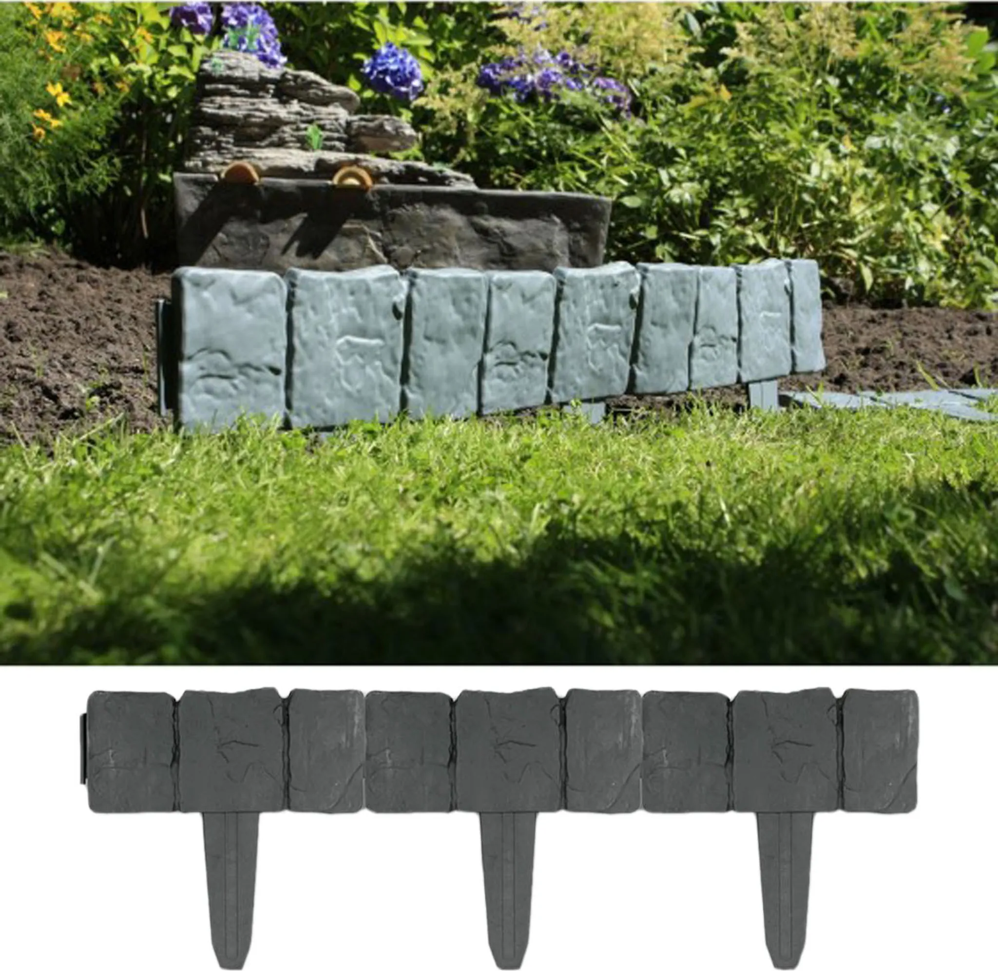UISEBRT Bordo per prato, in plastica, 2,8 m, per aiuole da giardino, effetto legno, per palizzate, da giardino, per aiuole, 1 elemento (lunghezza x altezza): 28 cm x 24 cm, antracite
