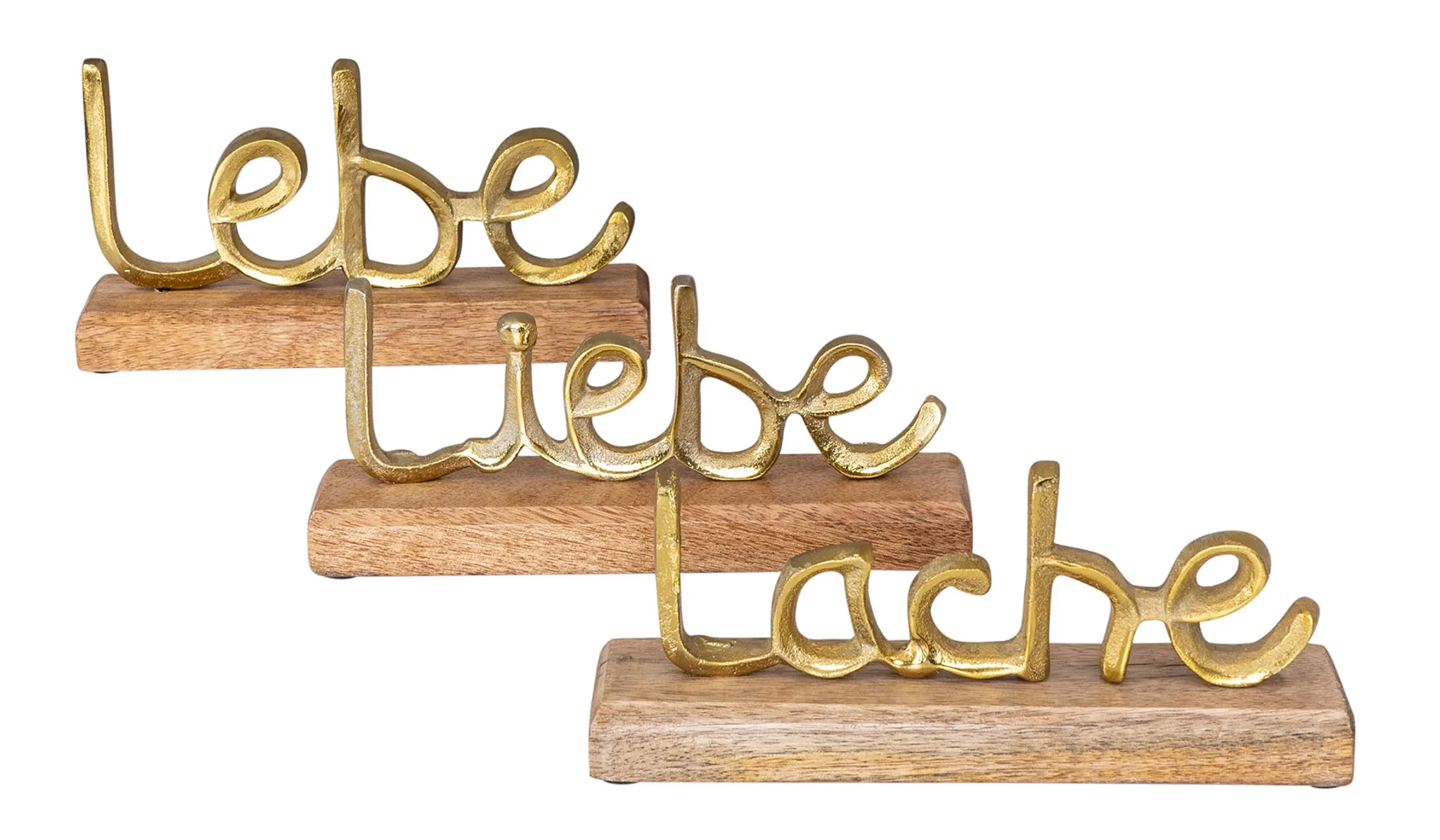 Gold Set Lache 3er Schriftzug Metall L22cm Liebe Holz Mango Tisch-Deko Lebe