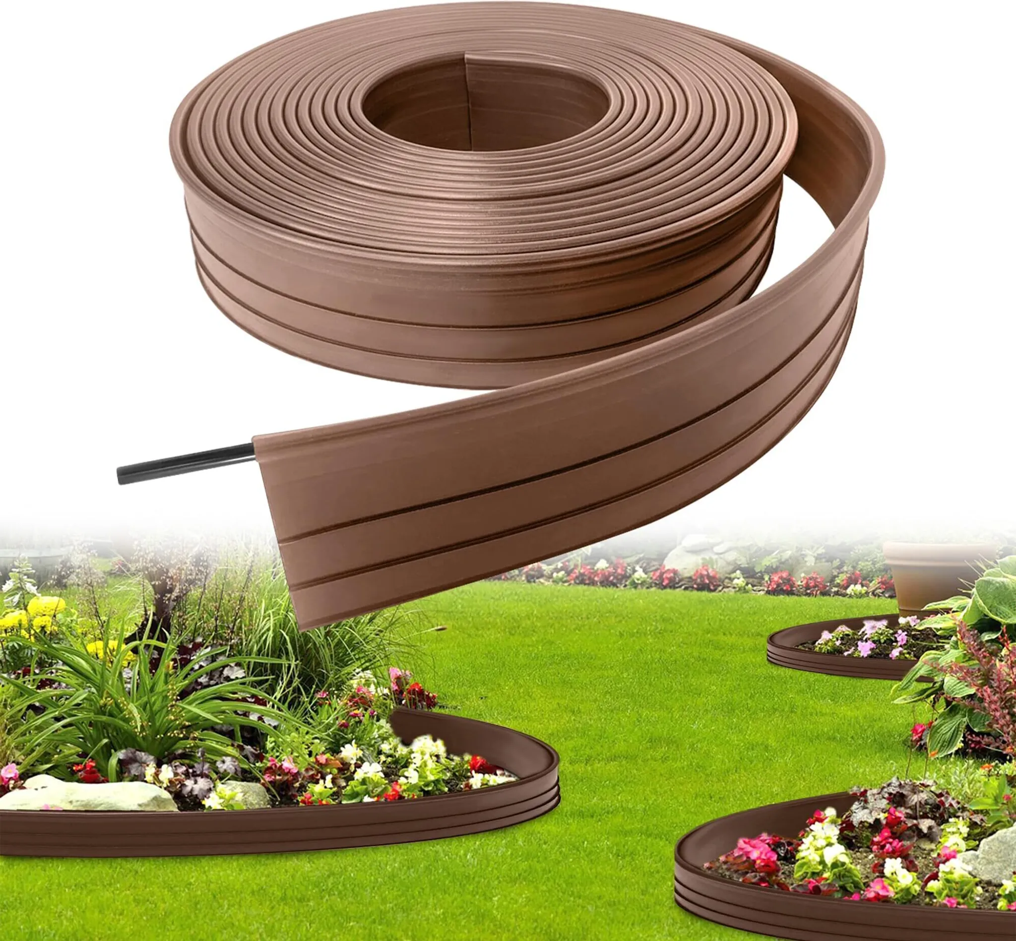 GARDENIX Flexible Rasenkante Braun 10m - Wetterfeste Beeteinfassung Mit 20 Erdankern