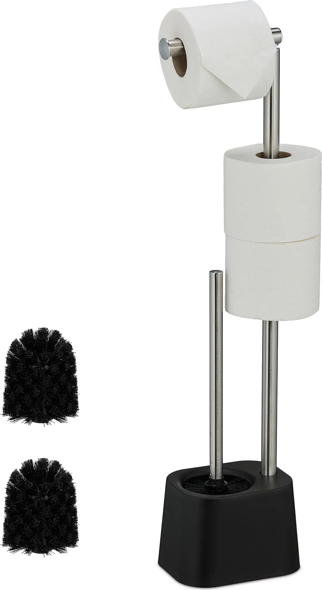 Portarotolo Da Appoggio Con Scopino In Acciaio Inox Nero | Ripiano E Spazio Per 5 Rotoli | Set Bagno Autoportante