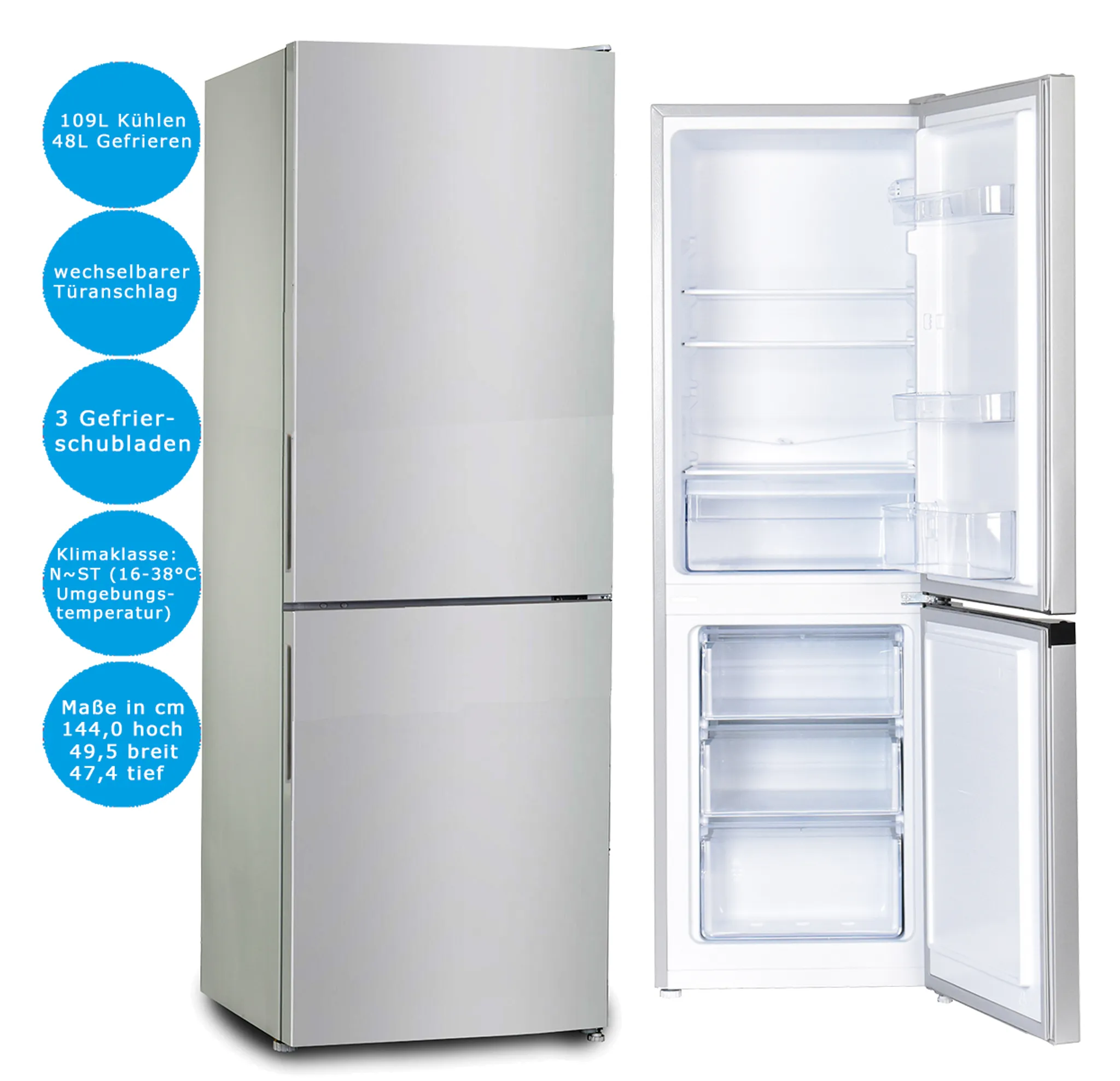 Kühl-Gefrierkombination 206 Liter silber Kühlschrank Gefrierfach