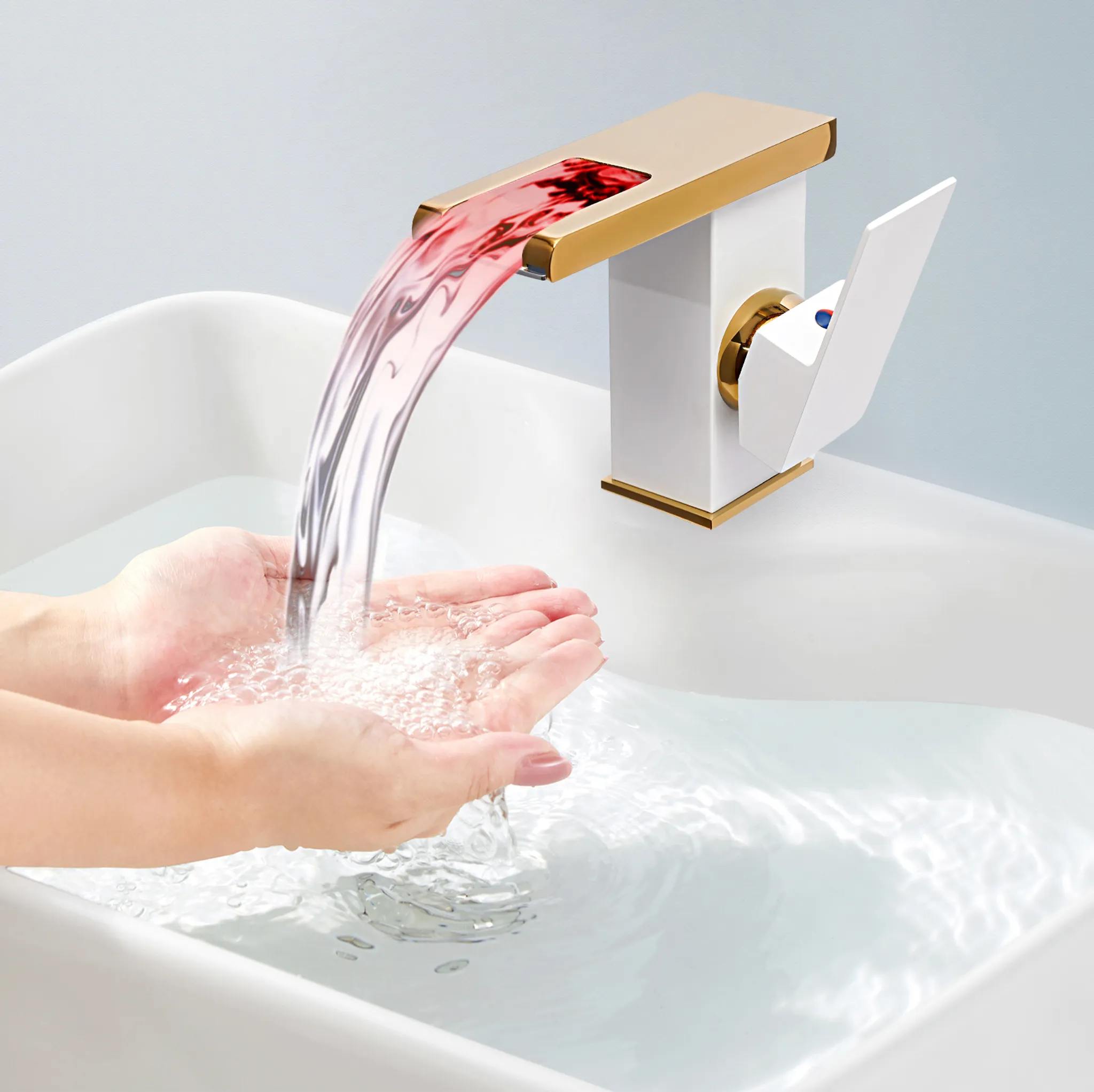Phiestina Wasserfall-Badarmatur Aus Edelstahl, Gebürstetes Gold, Einhebel, 1 Loch, Mit Pop-Up Ablauf