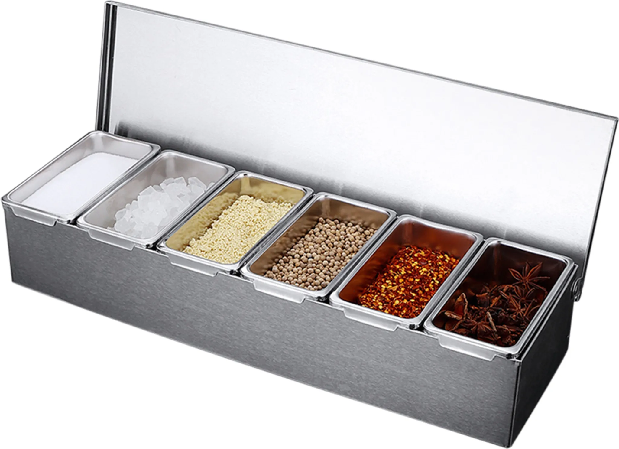 Produktbild von Gastro-Gewürzregal 8 Fächer Aus Edelstahl – Wandmontage, Abnehmbare Behälter, Mit Deckel & Löffel
