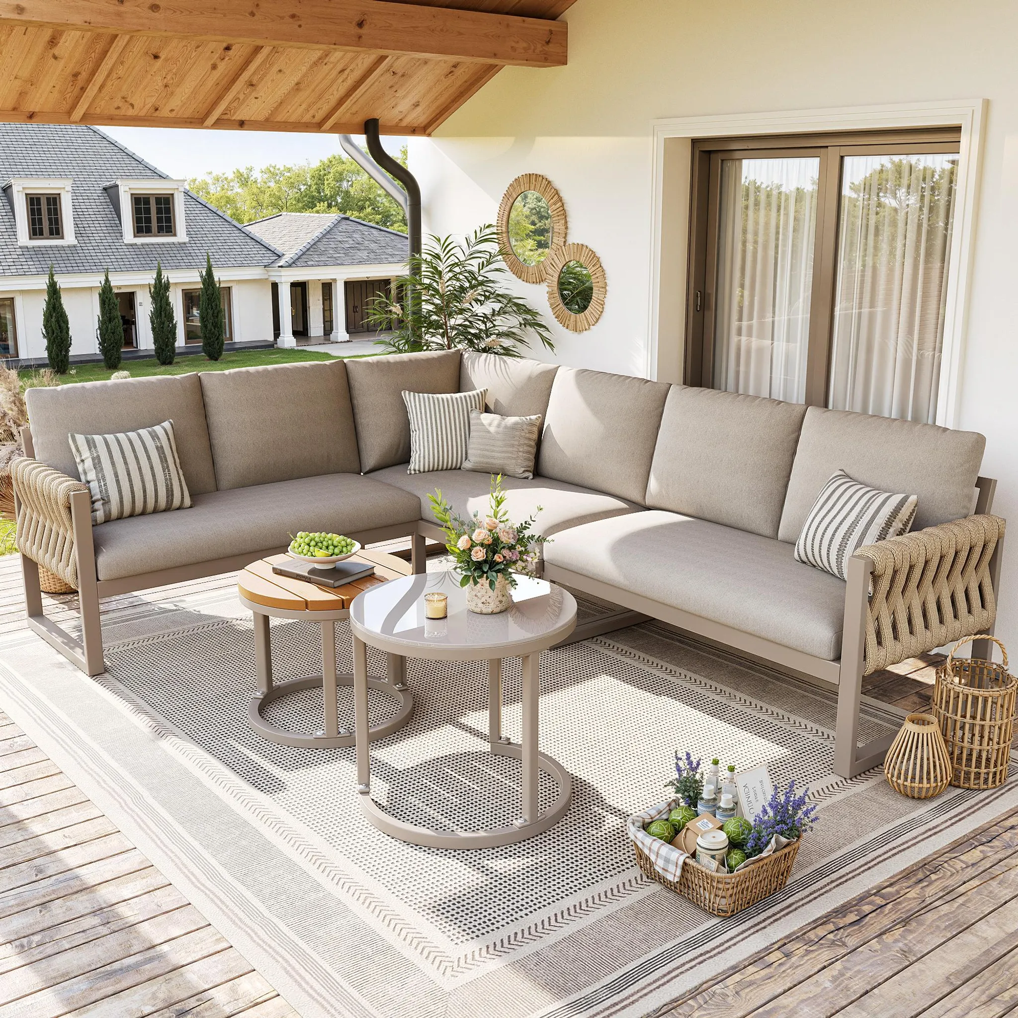 VidaXL Garten Lounge Set 4-teilig – Modulares Sofa Aus Massivholz Akazie, Mit Taupefarbenen Kissen, Inkl. Tisch & Hocker, Für Terrasse & Garten Gartenmöbel Taupe Kissen