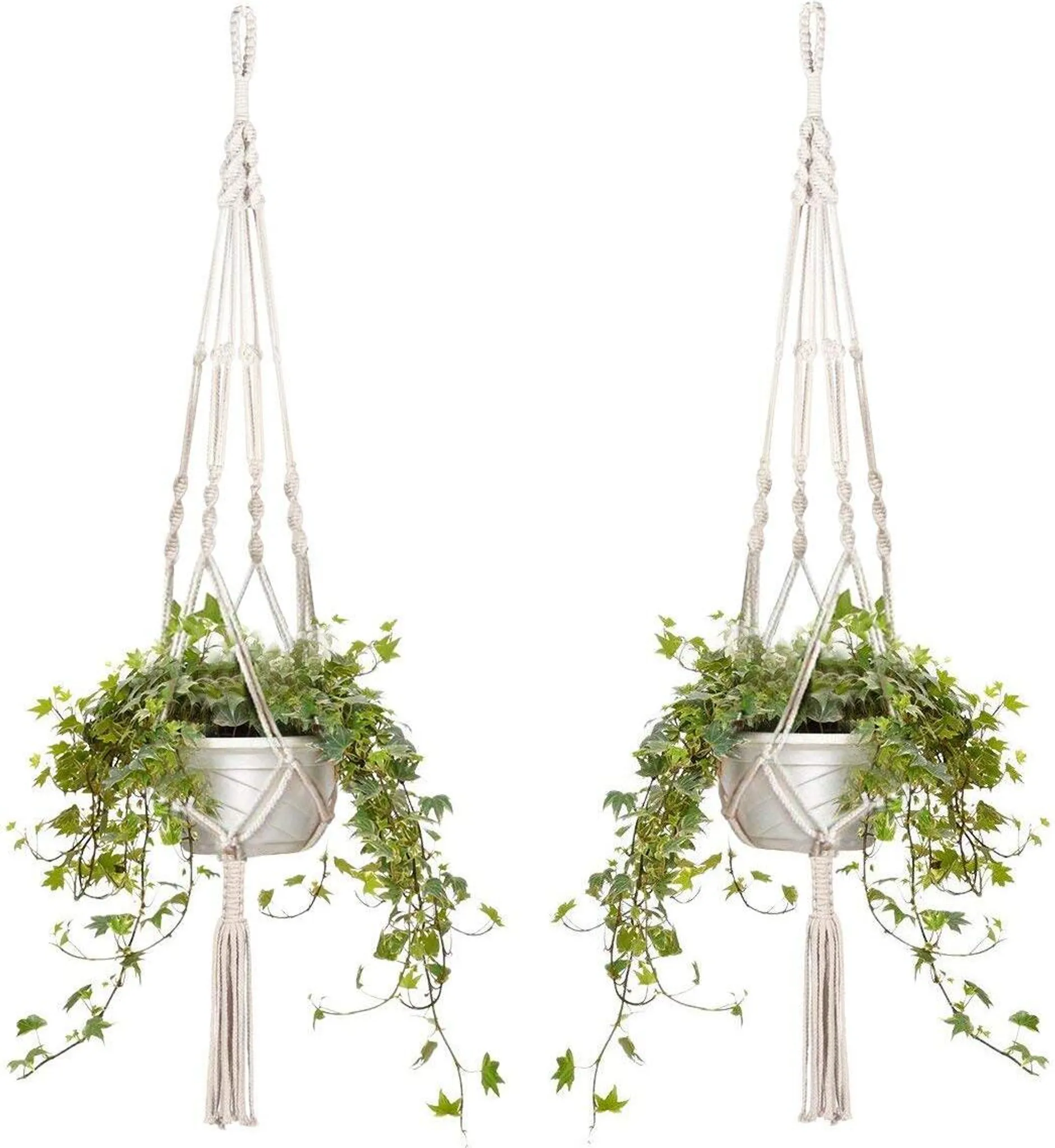 HEIYUET Makramee Blumenampel 2er Set - Boho Pflanzenaufhänger 130cm Mit Holzuntersetzer