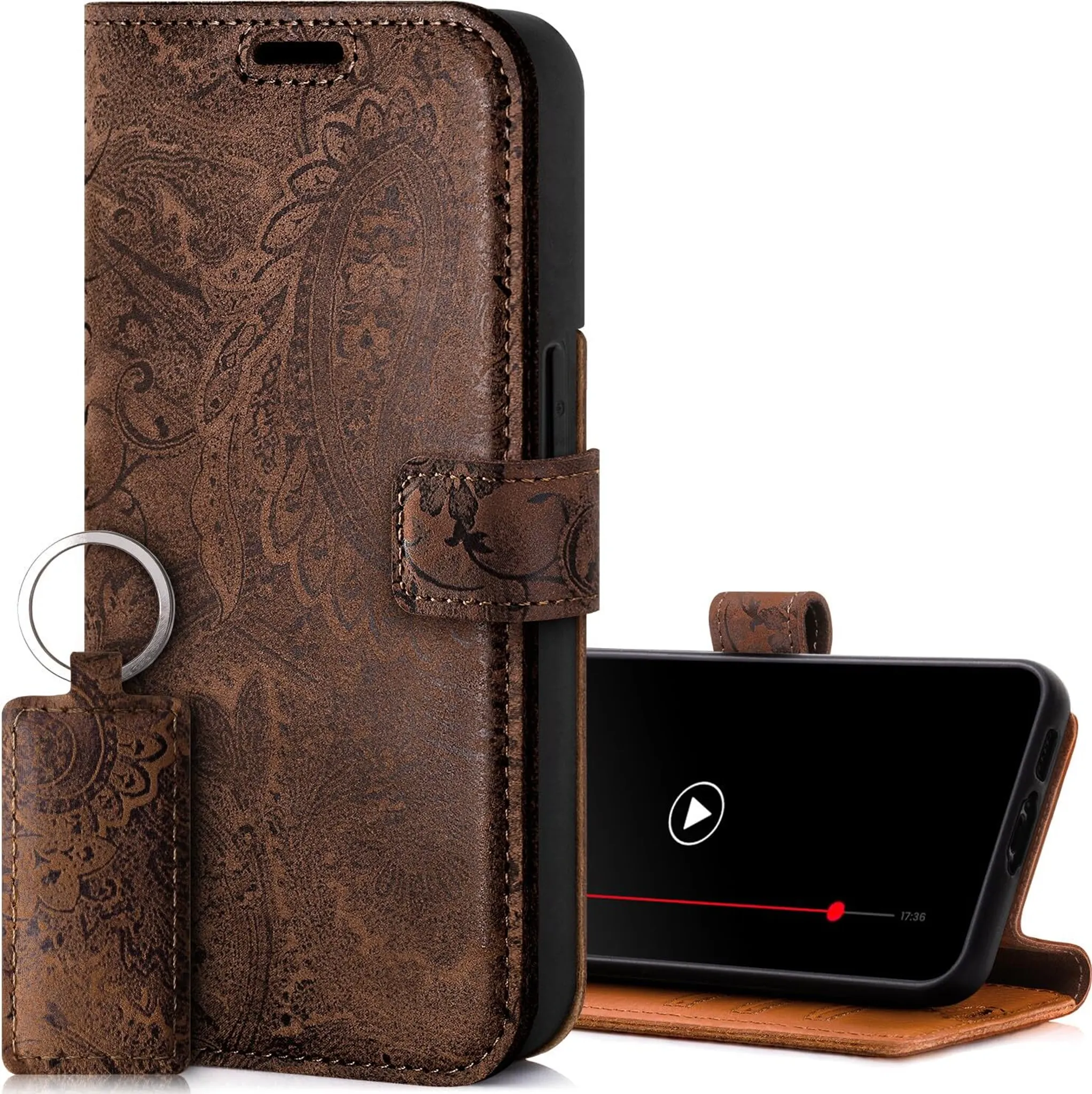 SunYoo IPhone 15 Pro Max Hülle – Leder Case Mit Kartenhalter, Handschlaufe & Ständer, Magnetisch, Rot