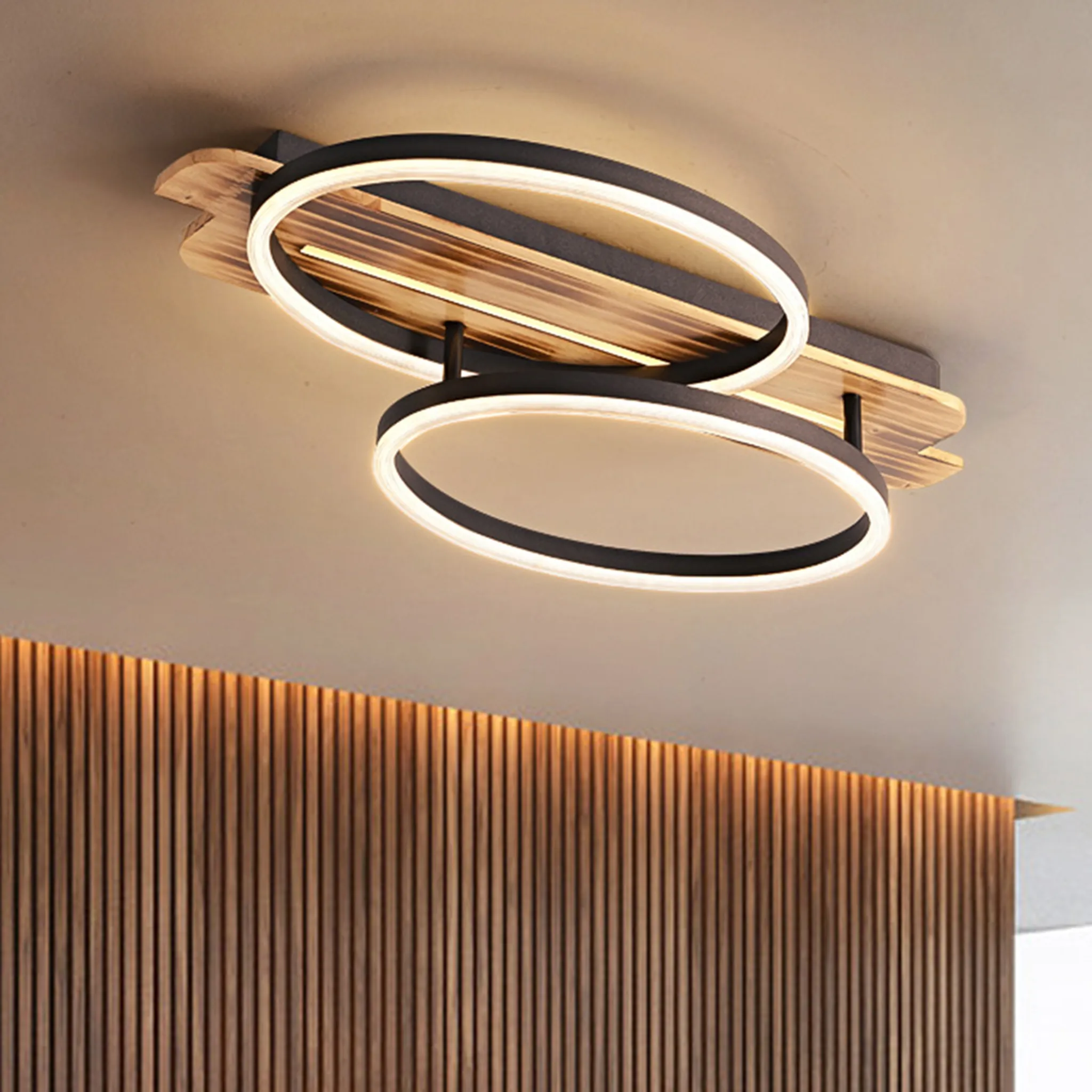 Rodekro LED Deckenleuchte Dimmbar – 32 Watt, 3700 Lumen, 3000 K, Metall/Holz In Schwarz/Natur, Per Lichtschalter Stufenlos Dimmbar