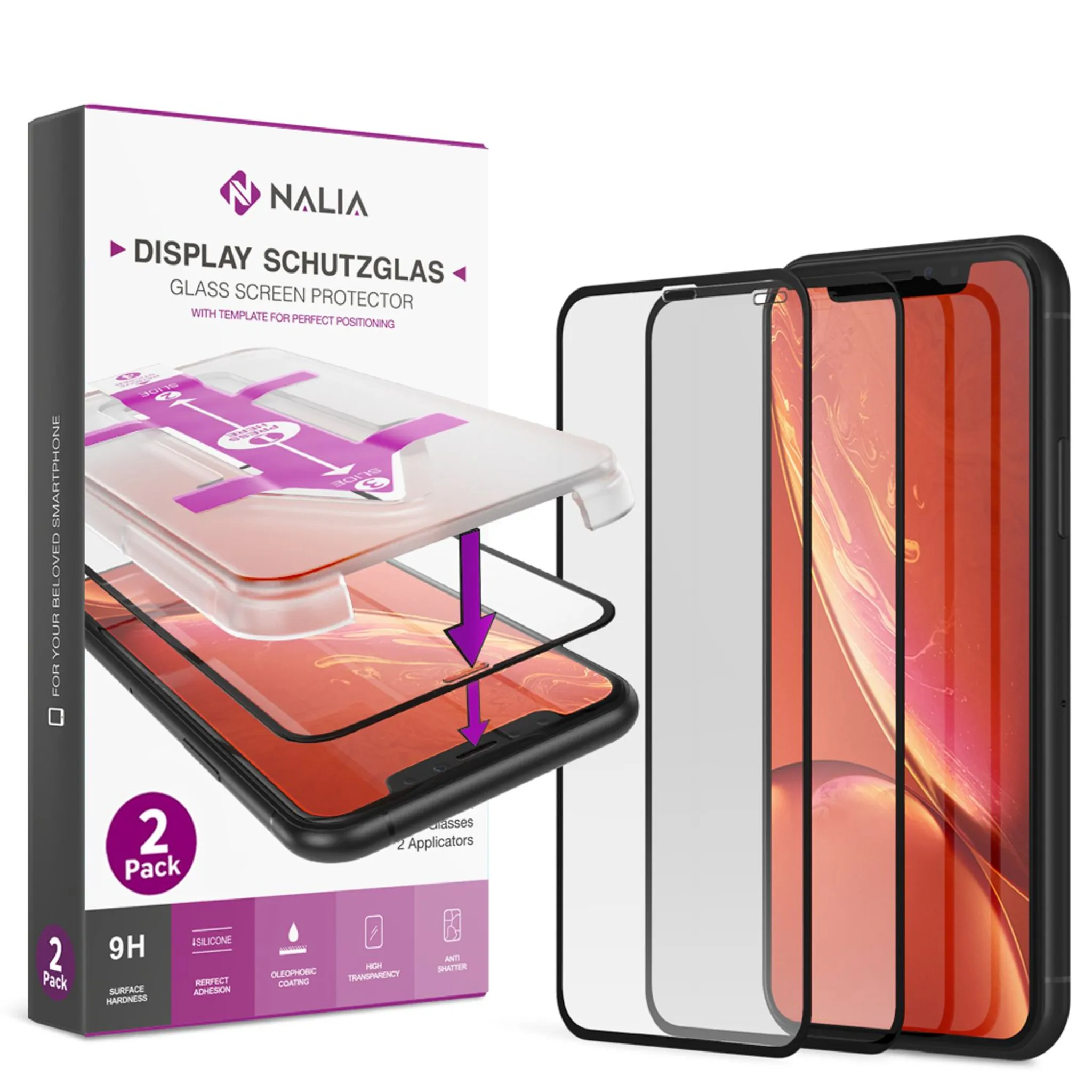 NALIA (2x) Schutzglas & Applikator kompatibel mit iPhone 11 / Xr, 9H  Full-Screen Glasfolie mit Schablone für einfache Installation, hoher Handy  Displayschutz Tempered Glass