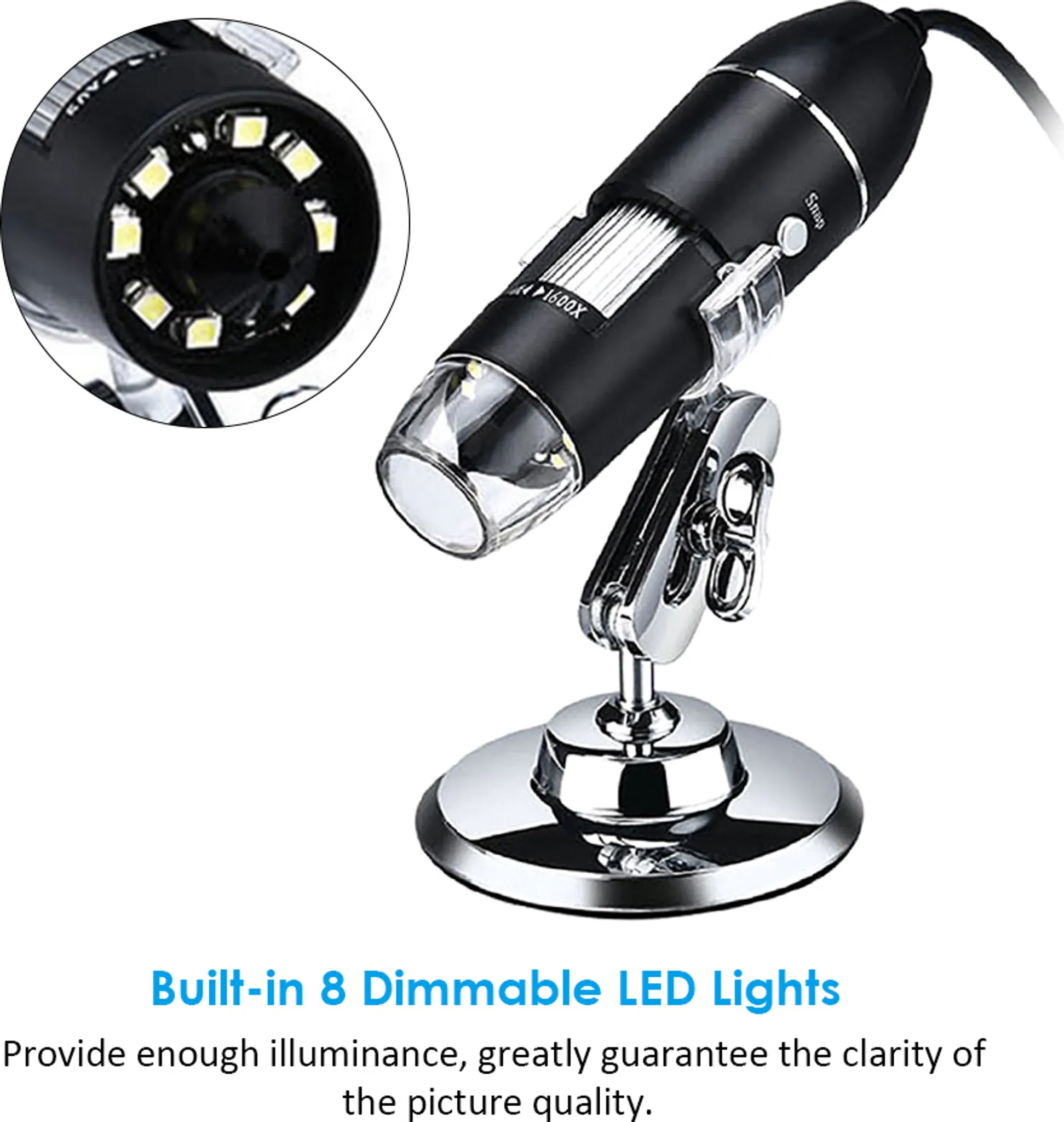 Produktbild von ROTRES USB Digitalmikroskop 1600X – Mit 8 LED, Ständer, Kompatibel Mit Android, Windows, MAC (nicht IOS)