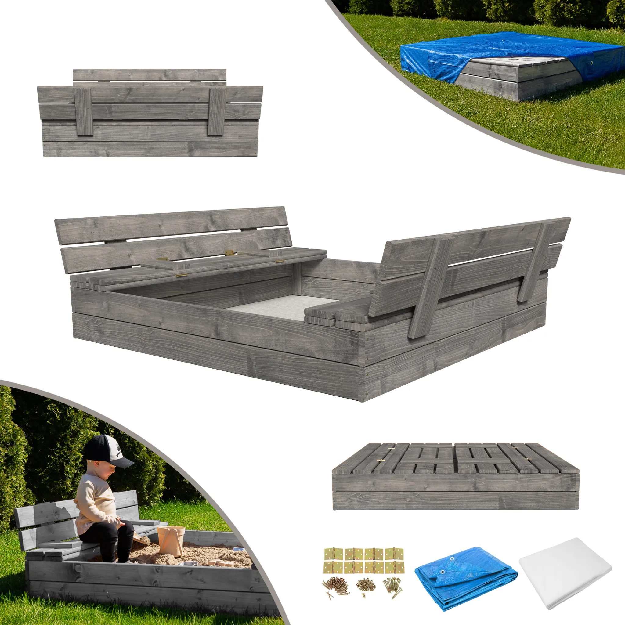 MAMOI Bac à sable avec couvercle - 120 x 120 cm - Imperméable - Avec bancs - En bois - Pour jouets - 150 x 150 cm MAMOI Bac à sable avec couvercle - 120 x 120 cm - Imperméable - Avec bancs - En bois - Pour jouets - 150 x 150 cm